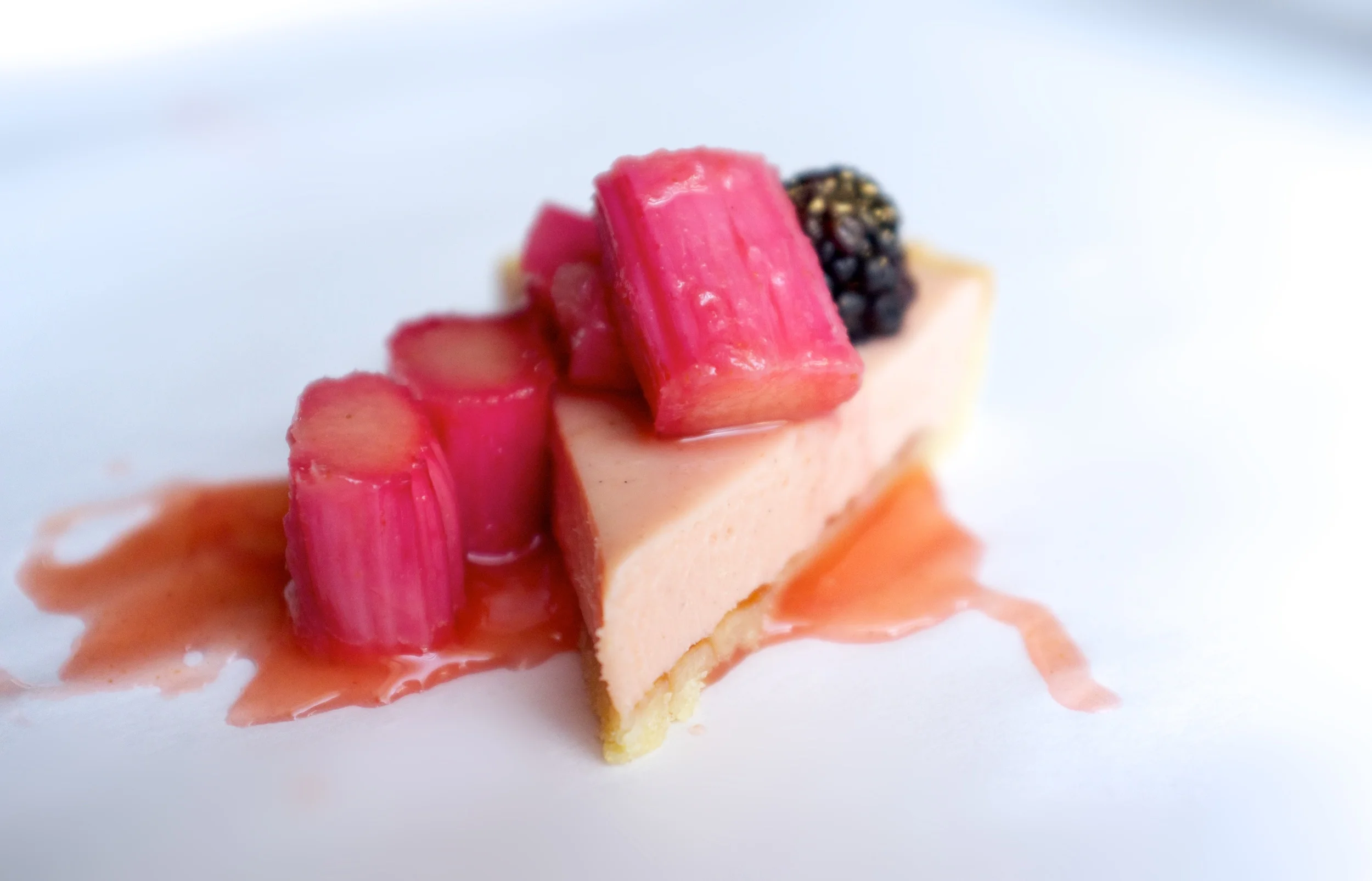 Rhubarb white chocolate tart served with rhubarb, orange, ginger and honey compote.