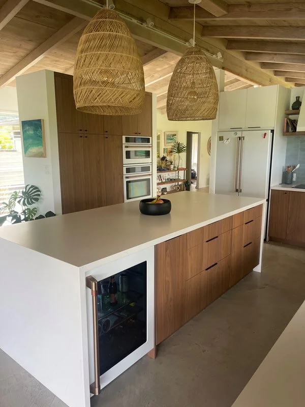 walnut and white kitchen