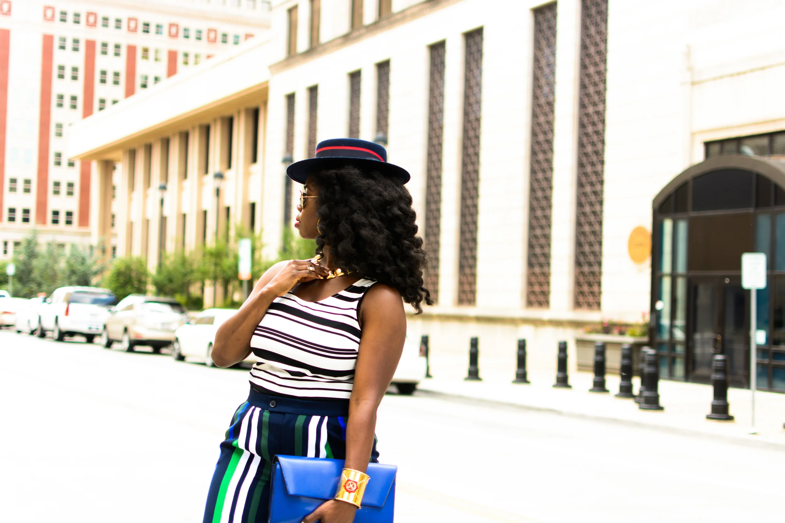 Hat- Vintage Liz Claiborne (similar here ) | Shades - Ray Bans (seen here ) | Necklace - thrifted (similar here ) | Striped Shirt - Nordstrom (similar here) | Wide Leg Pants - Banana Republic | Shoes - Sam Edelman SOLD OUT (similar here ) | Cuff - House of Harlow (seen here ) | Clutch - ASOS SOLD OUT (similar here ). 