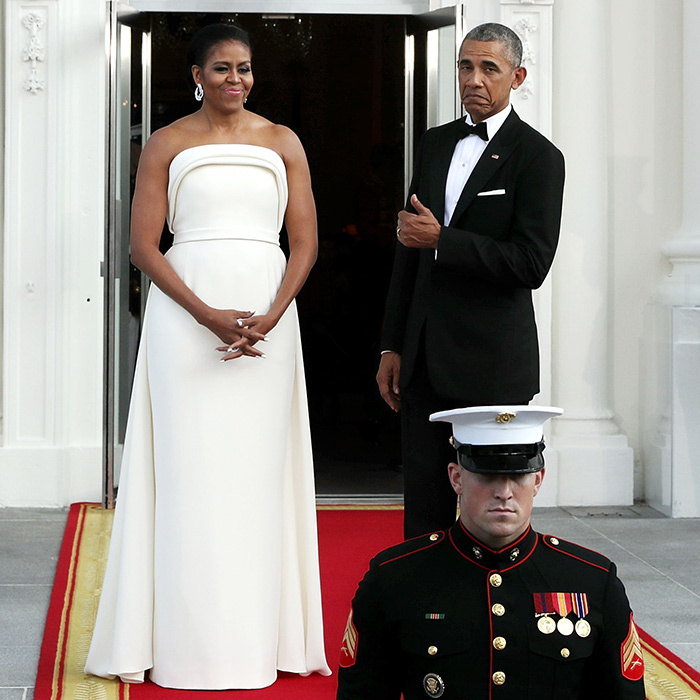 The first lady definitely deserved a thumbs up for this all white draped Brandon Maxwell gown. 