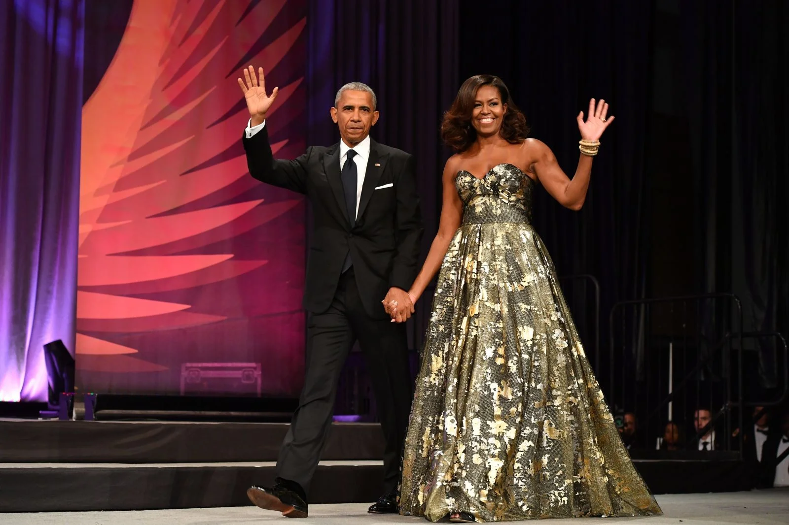 The first lady stunned in a gold leaf inspired Naeem Khan gown at the Phoenix Award Dinner. 