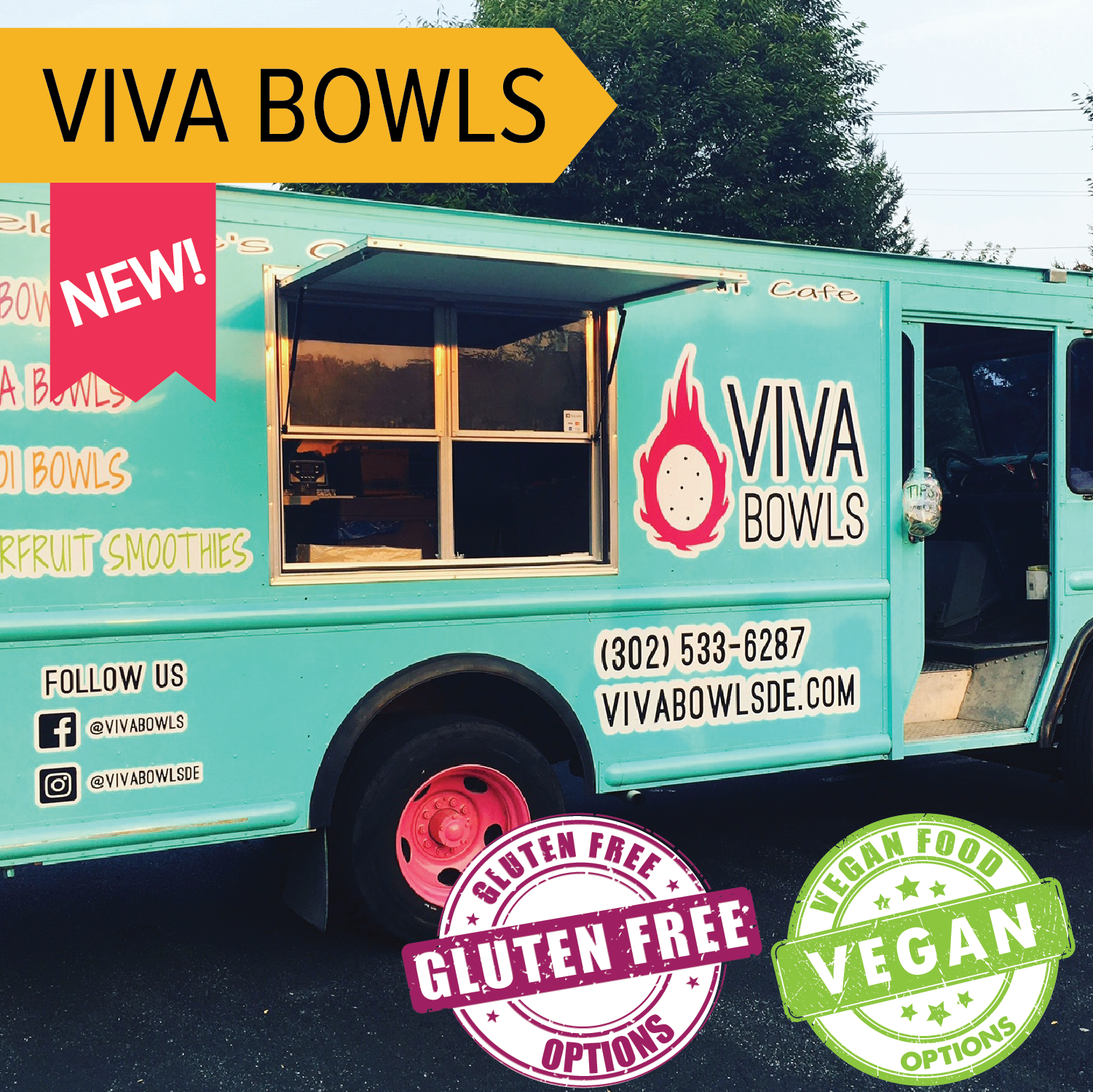 Viva Bowls Delaware’s Orignal Superfruit Food Truck, specialize in Smoothie bowls smoothies, hand crafted lemonades and vegan bites. All organic, vegan and gluten-free!