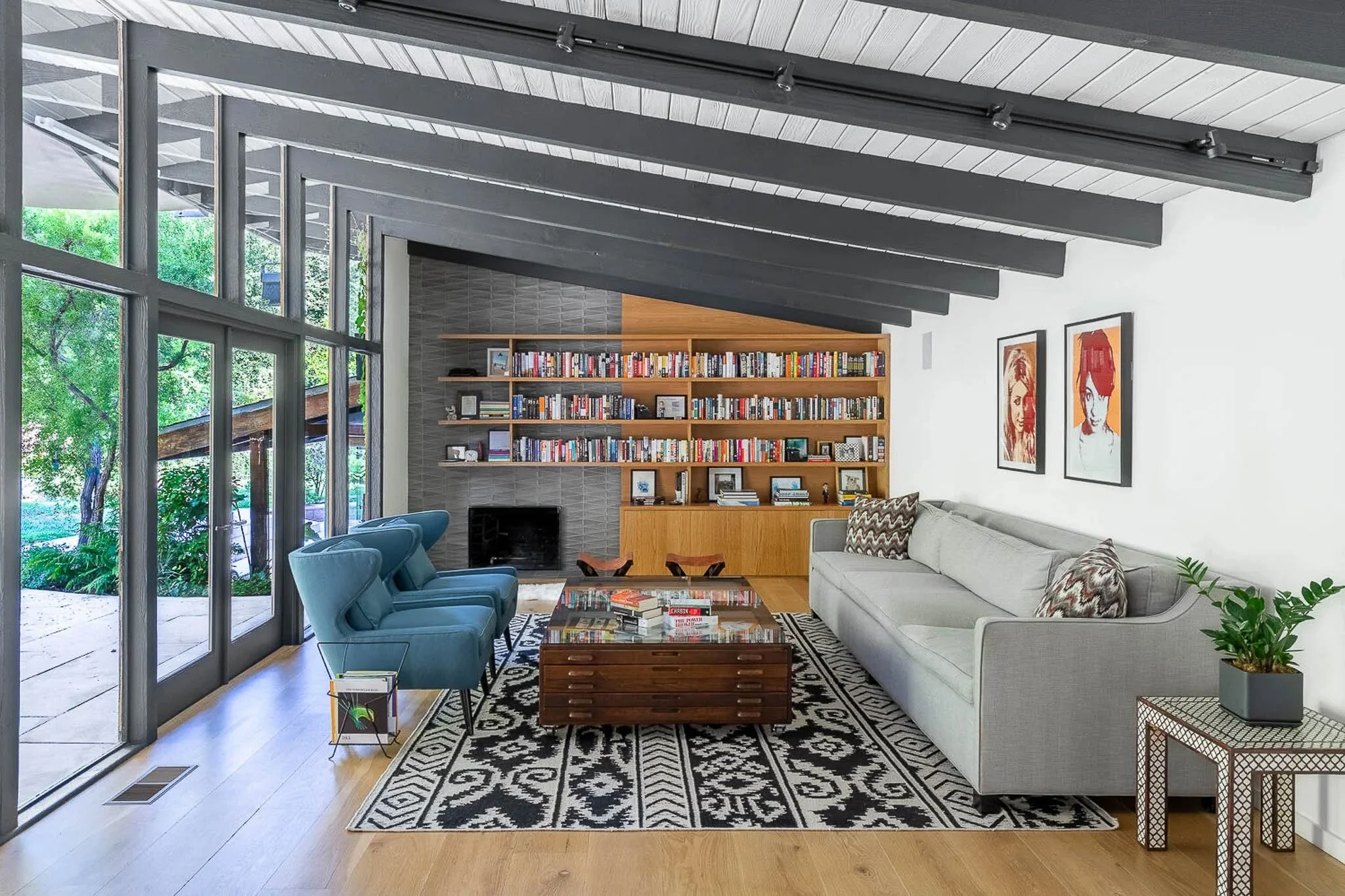 Balboa Park architectural detail with mid-century modern living room — San Diego California interior photography