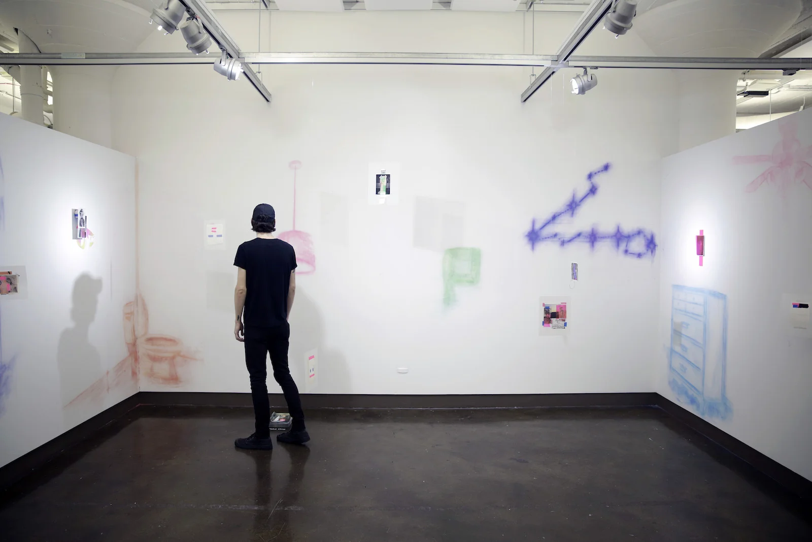 It felt like you were a guest in my house and I was too nice to ask you to leave, 2018, Installation with mixed media collages, pastel drawings, and risograph prints, dimensions variable.