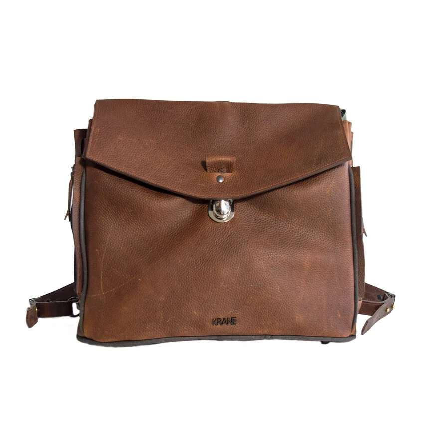 WALTER briefcase backpack Tobacco bison leather with waxed cotton trim —  KRANE Design - Main Image