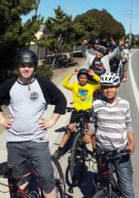 Mentors and participants in the Watsonville Earn-a-Bike Program on a group ride.