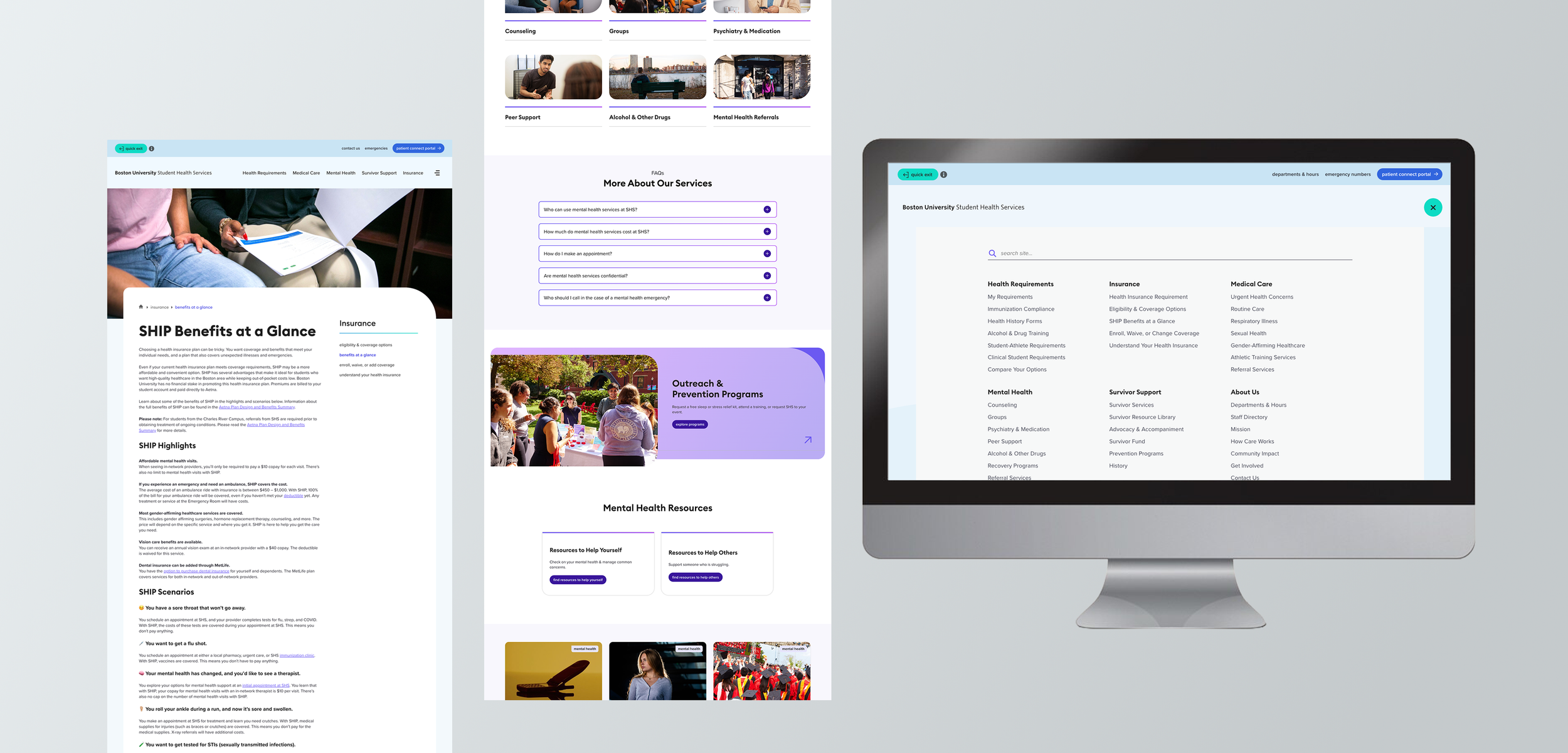 Screenshots from Boston University's Student Health Services Website