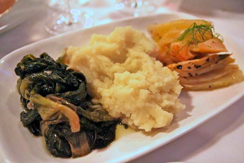 Escarole braised with Garlic and Olive Oil, Olive Oil Potato Purée, and Braised Fennel Jewish style