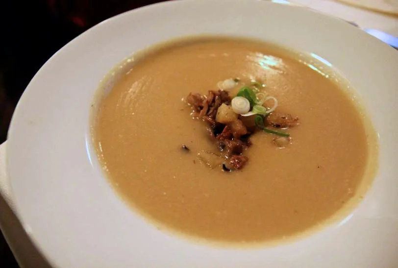 Leek soup with wild mushrooms and potatoes