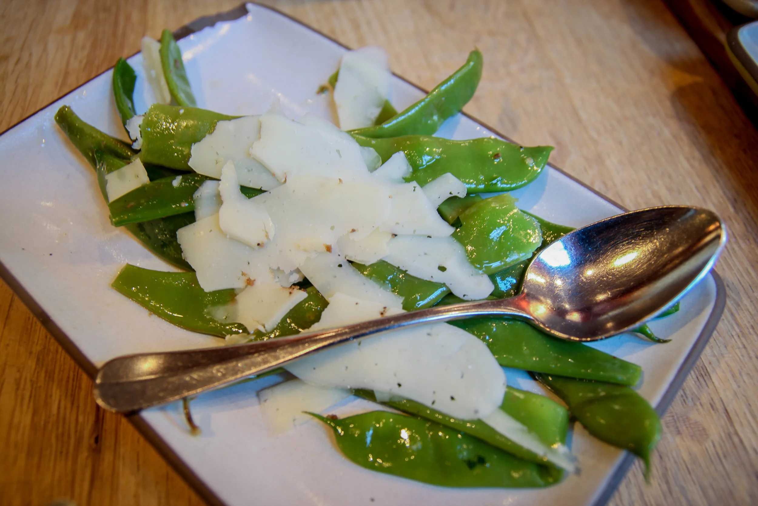 Long cooked romano beans with black olive vinaigrette and Moltinero truffle pecorino