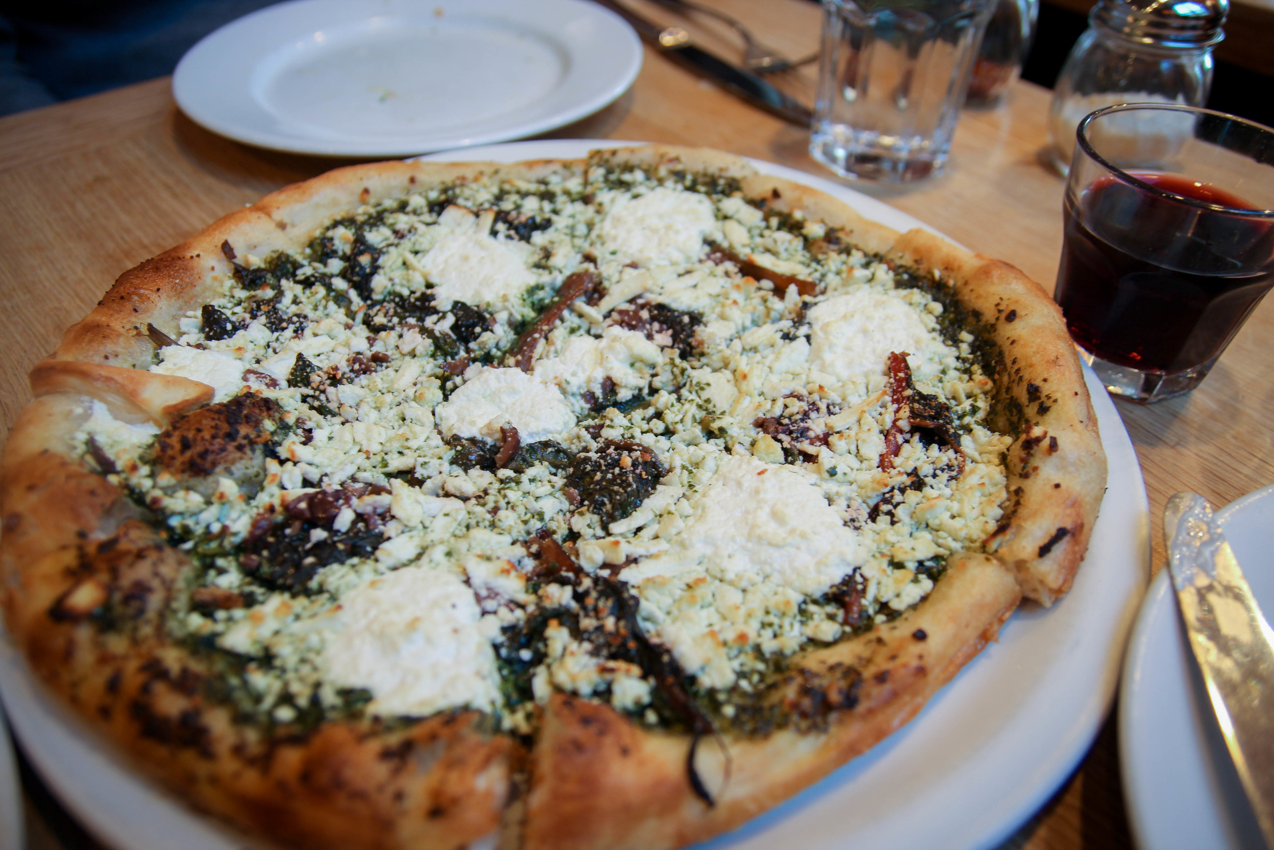 Pesto with braised chard, black olives, ricotta, and ricotta salad