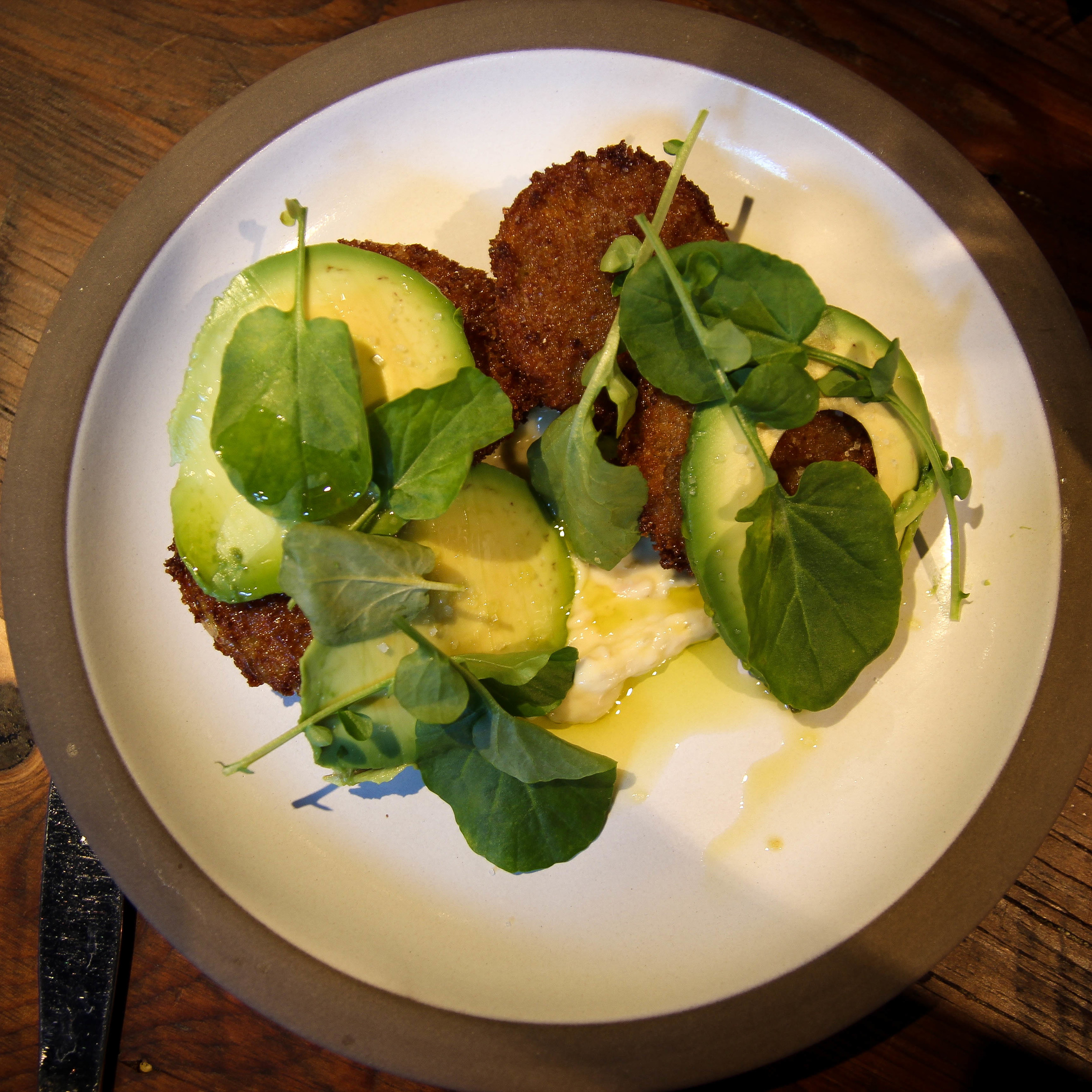 Fried green tomato with Brokaw avocado and tonnato