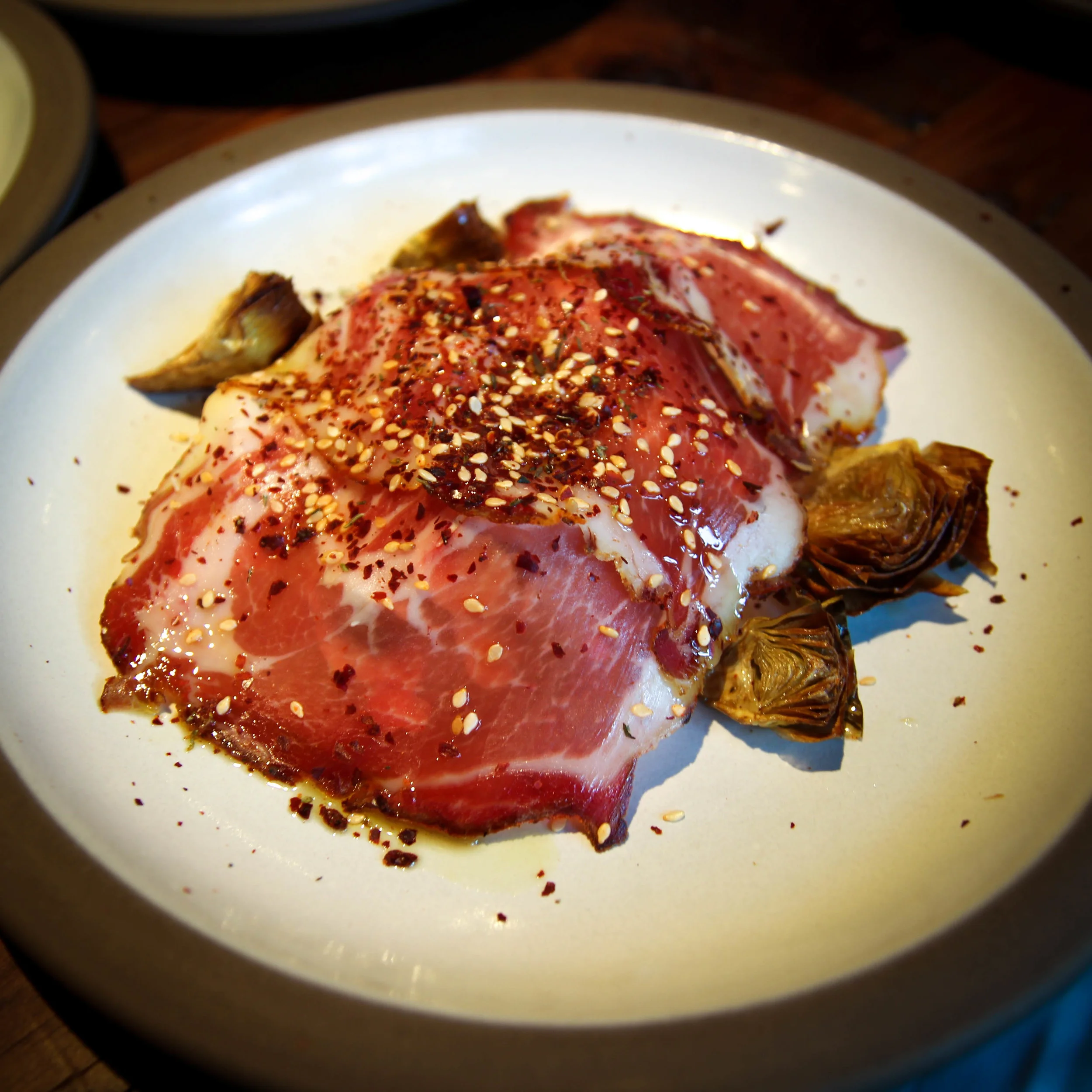 House-cured coppa with New potato and fried baby artichoke.