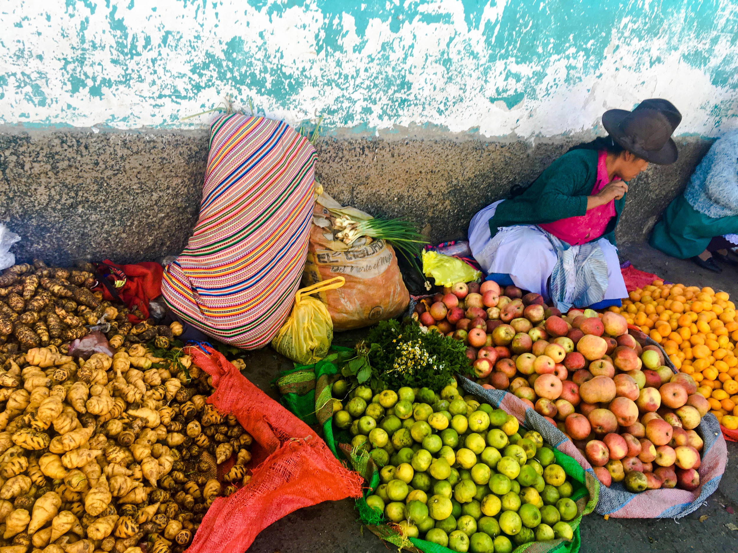 Fruits and potatoes. Many of the women sell their produce on the street instead of in formal stalls. Many men have left these rural villages in search of better economic opportunities, leaving the women to cultivate the land.