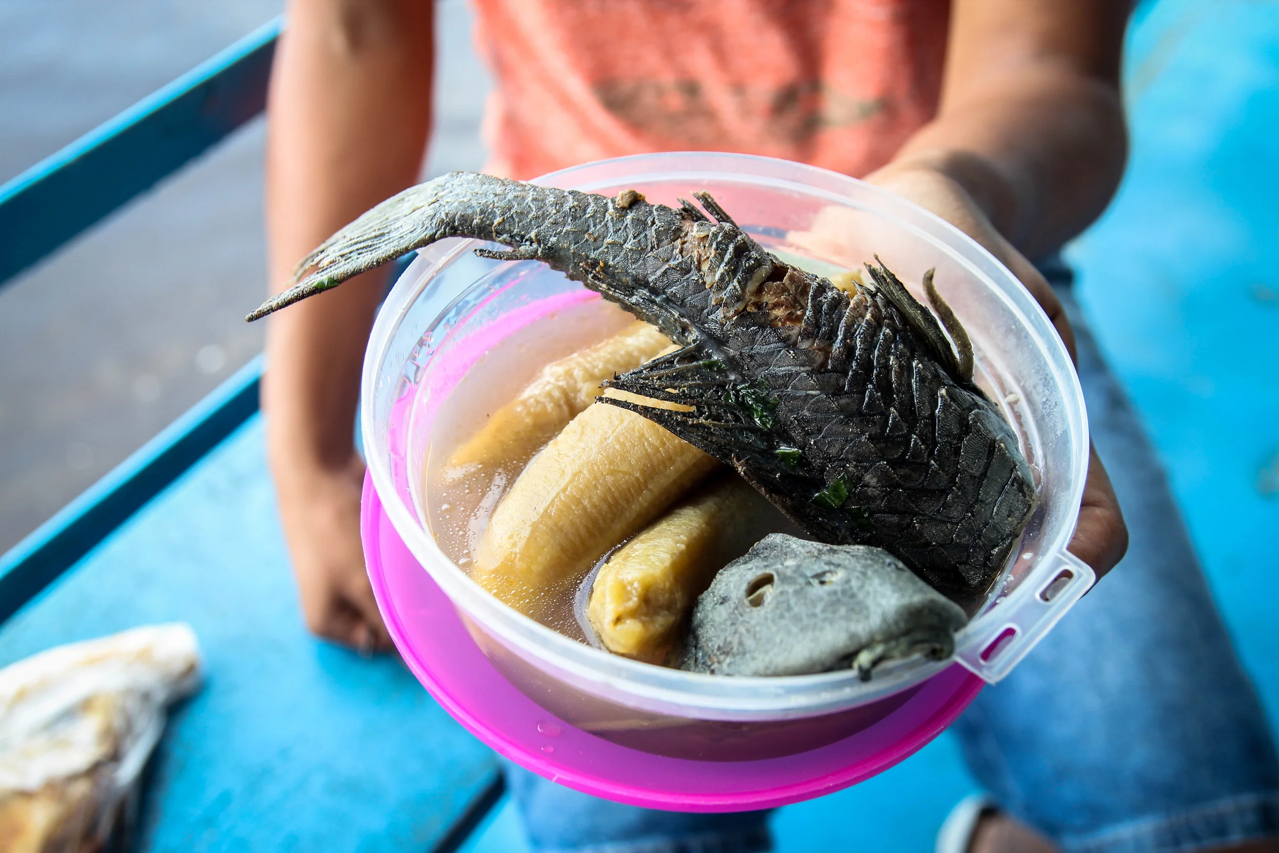 River fish and boiled bananas.