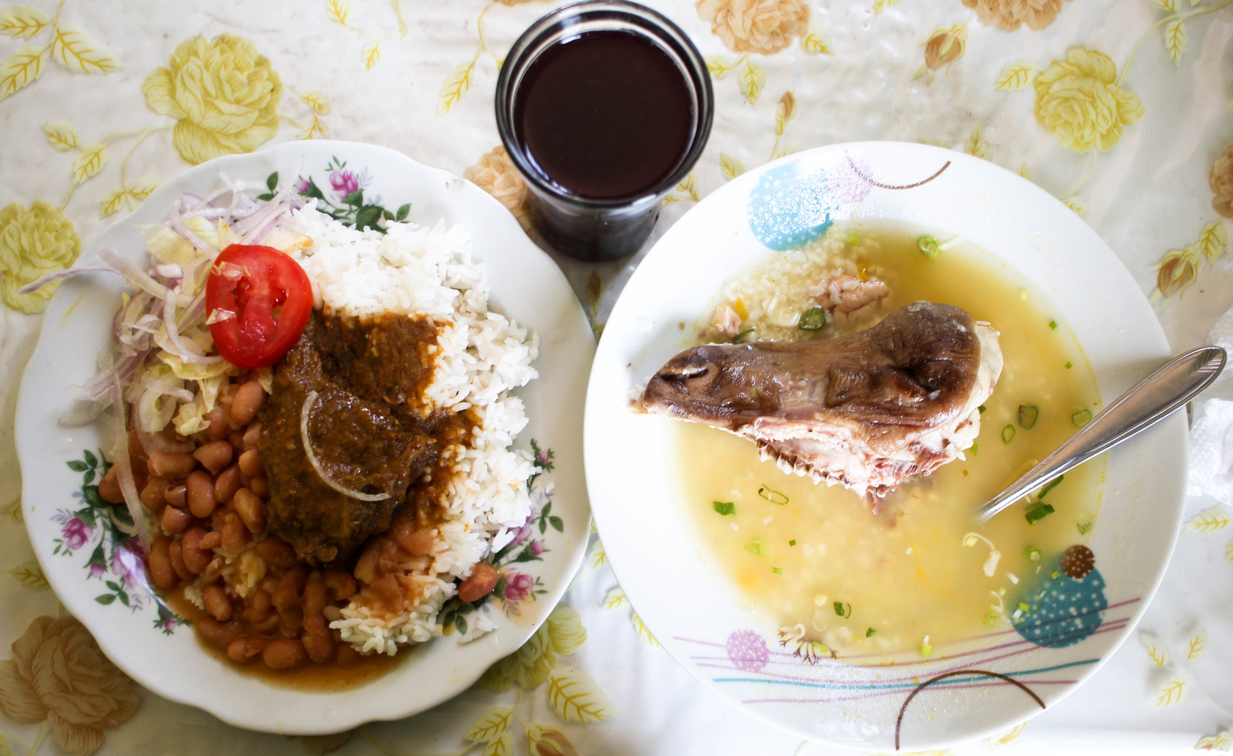 I eat what I am served and this day I was served cabrito (stewed little goat) and caldo de cabeza (soup of head) with a goat head in it!