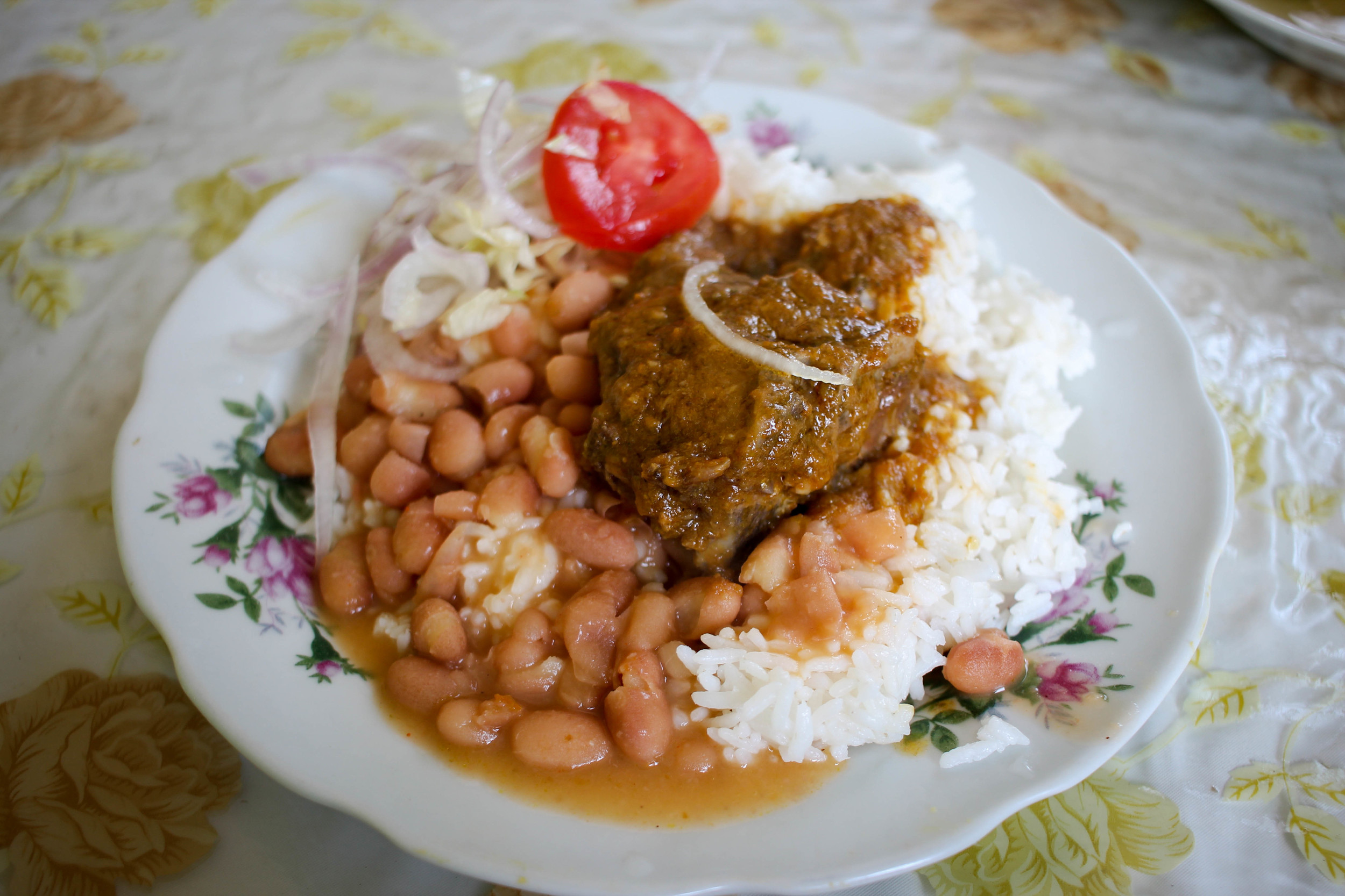 Stewed meat with menestras (beans), rice, and salad (i.e. red onion, iceberg lettuce, and a slice of tomato).