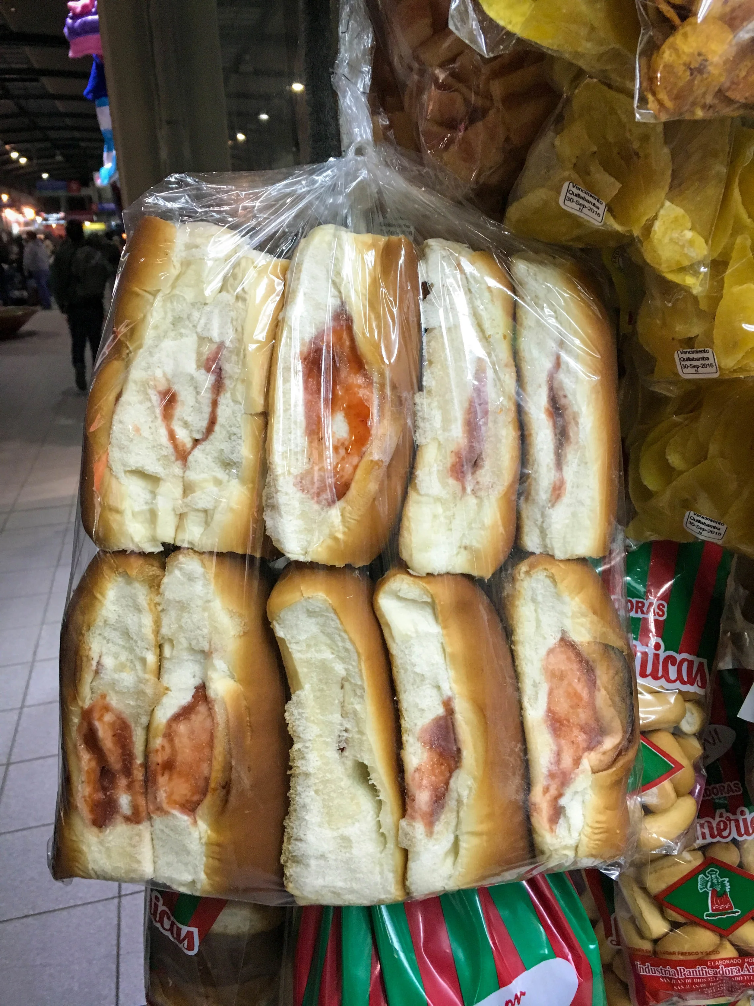 In the bus station, these are for sale. I had to ask the store owner to confirm that it was literally just a white hot dog bun with strawberry jam. 