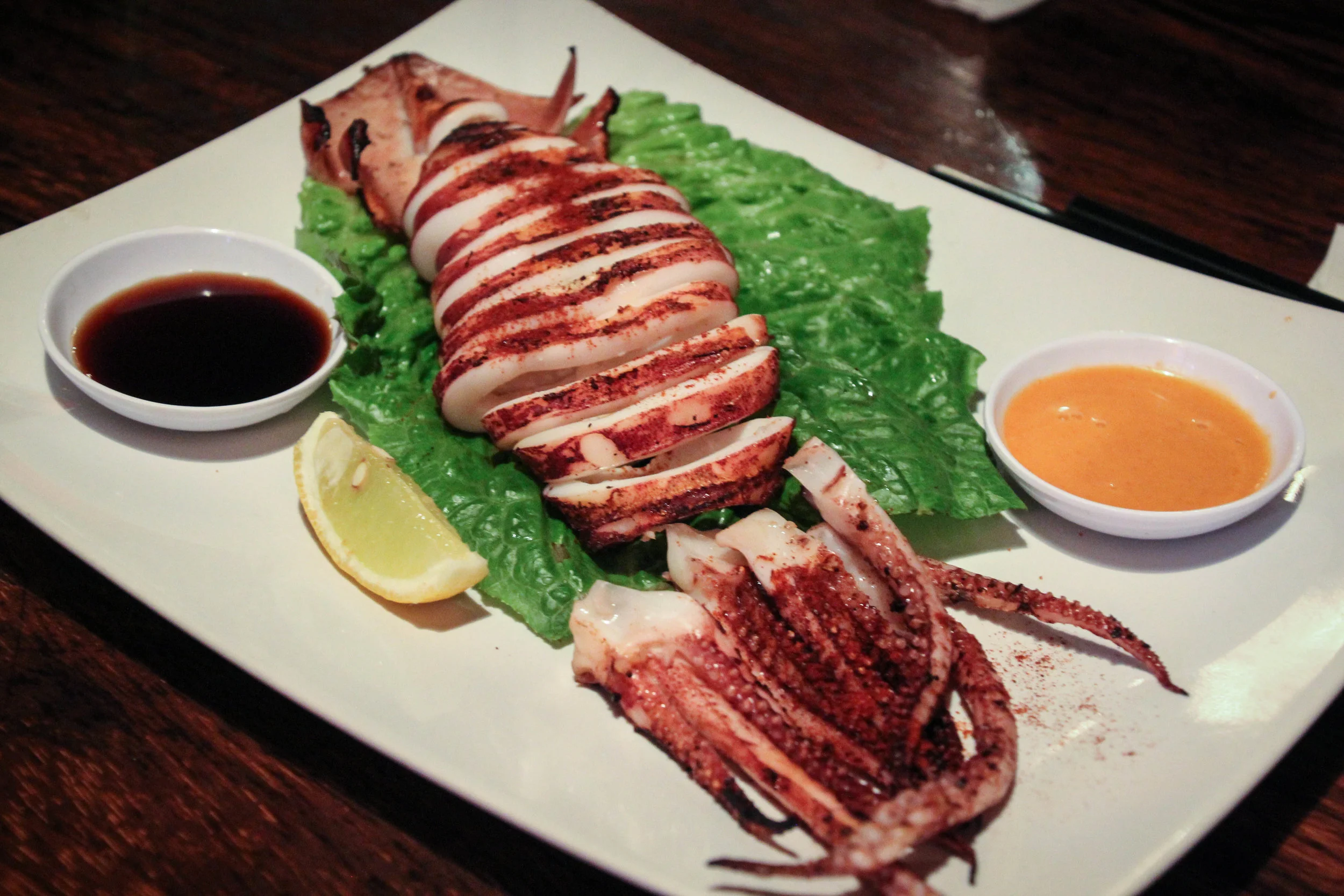 Whole grilled squid with spicy mayo sauce