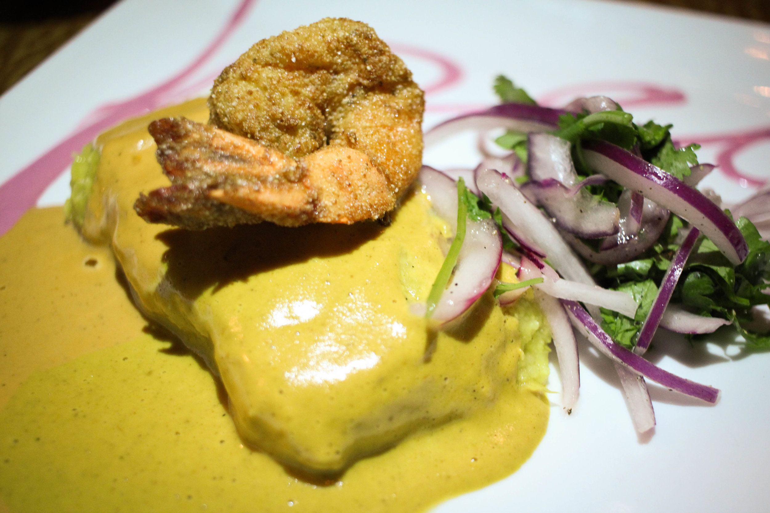 Humita Dulce: Sweet corn tamale, shrimp, Peruvian mole