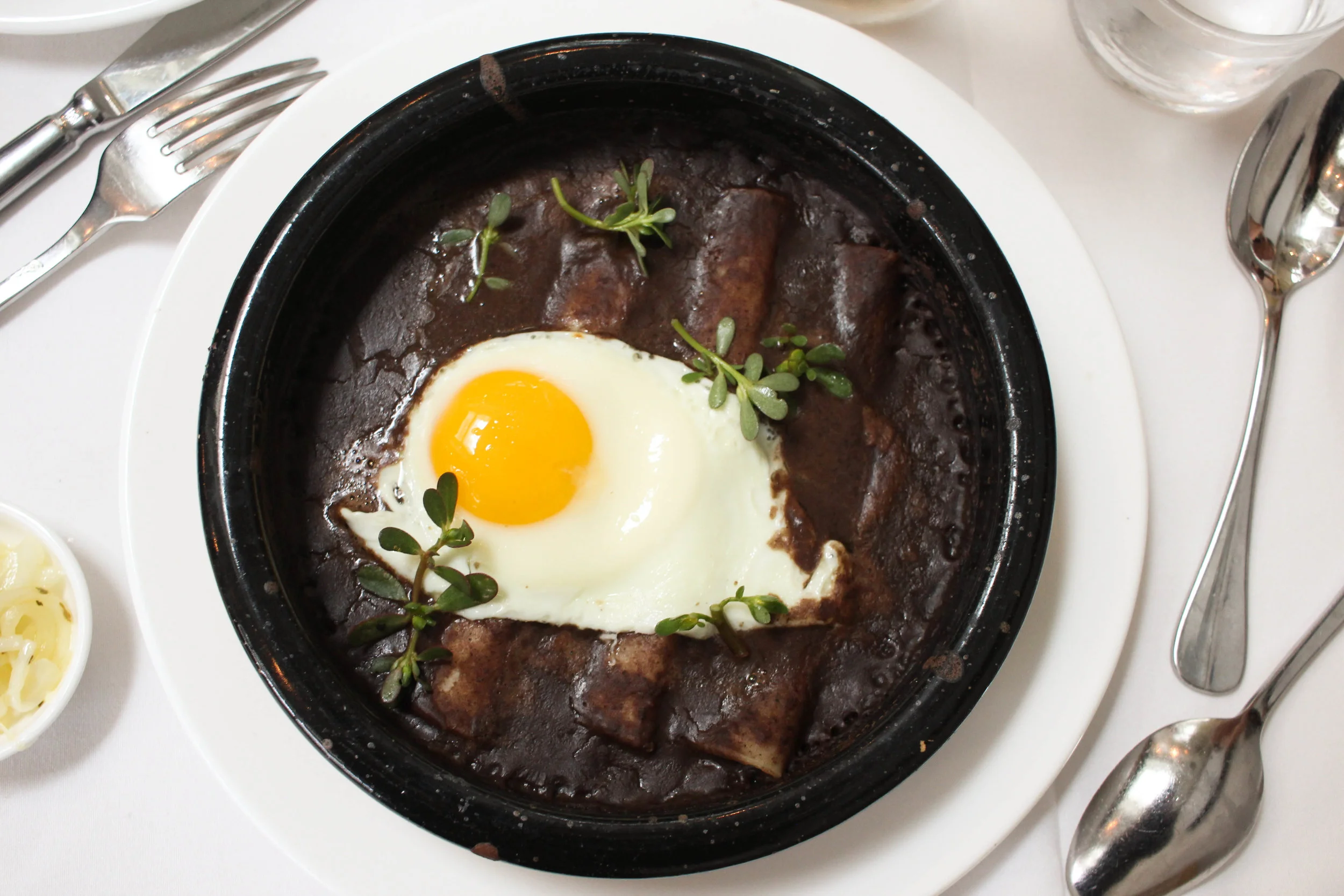 Enfrijoladas with queso fresco, purslane, and a fried egg