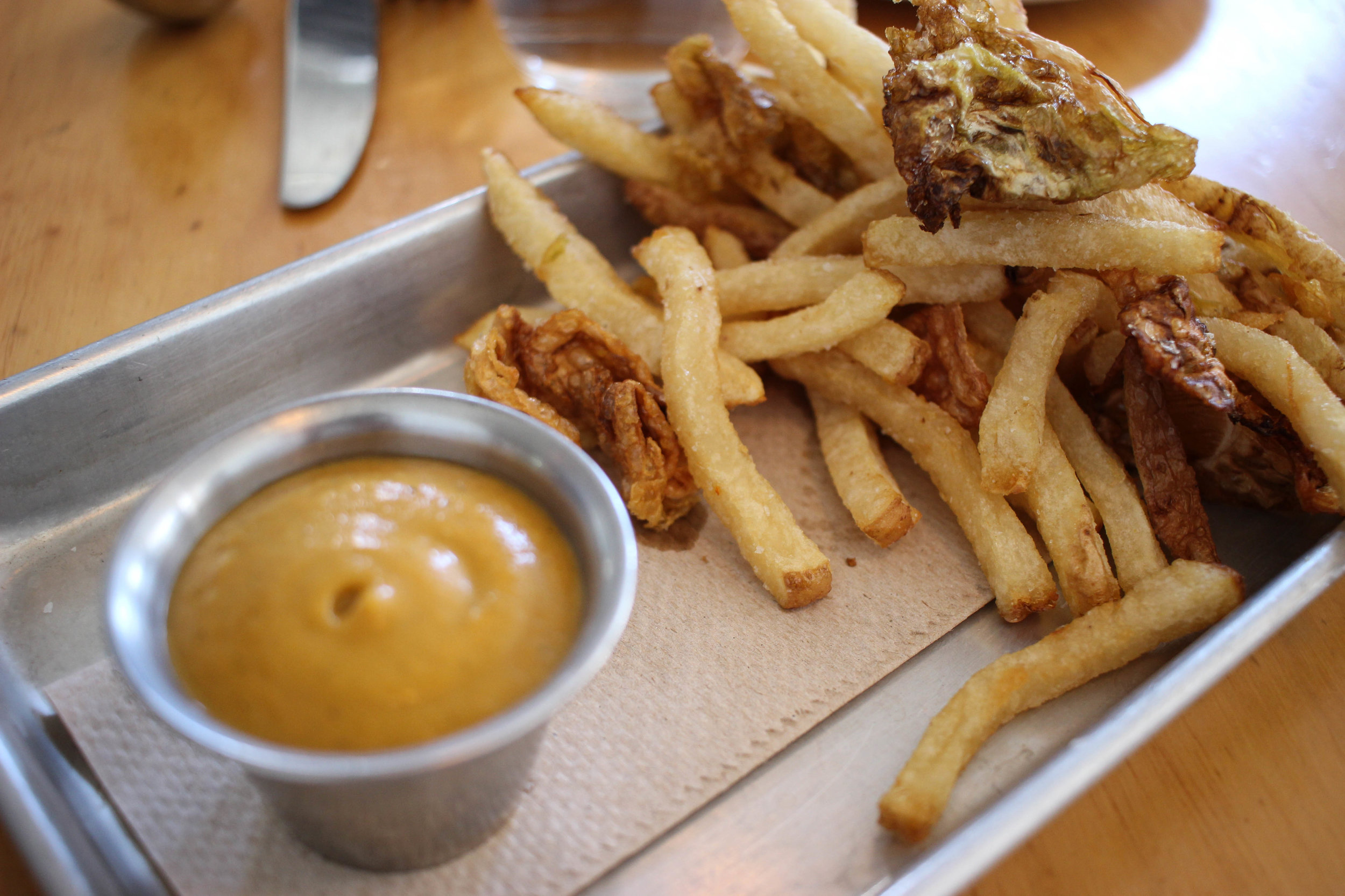 Brine pickled french fries and smoked apple sauce