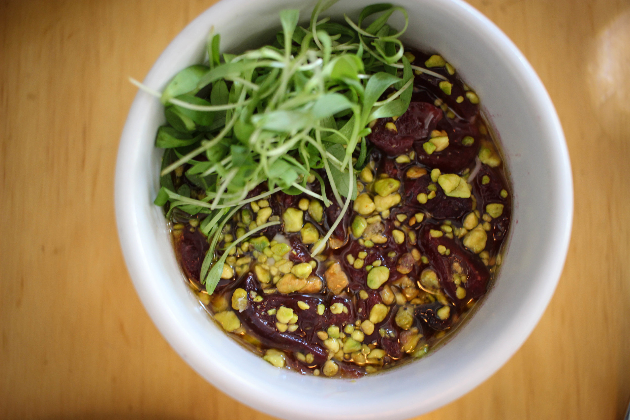 Fava'd mushroom broth chawanmushi, cherry, and pistachio