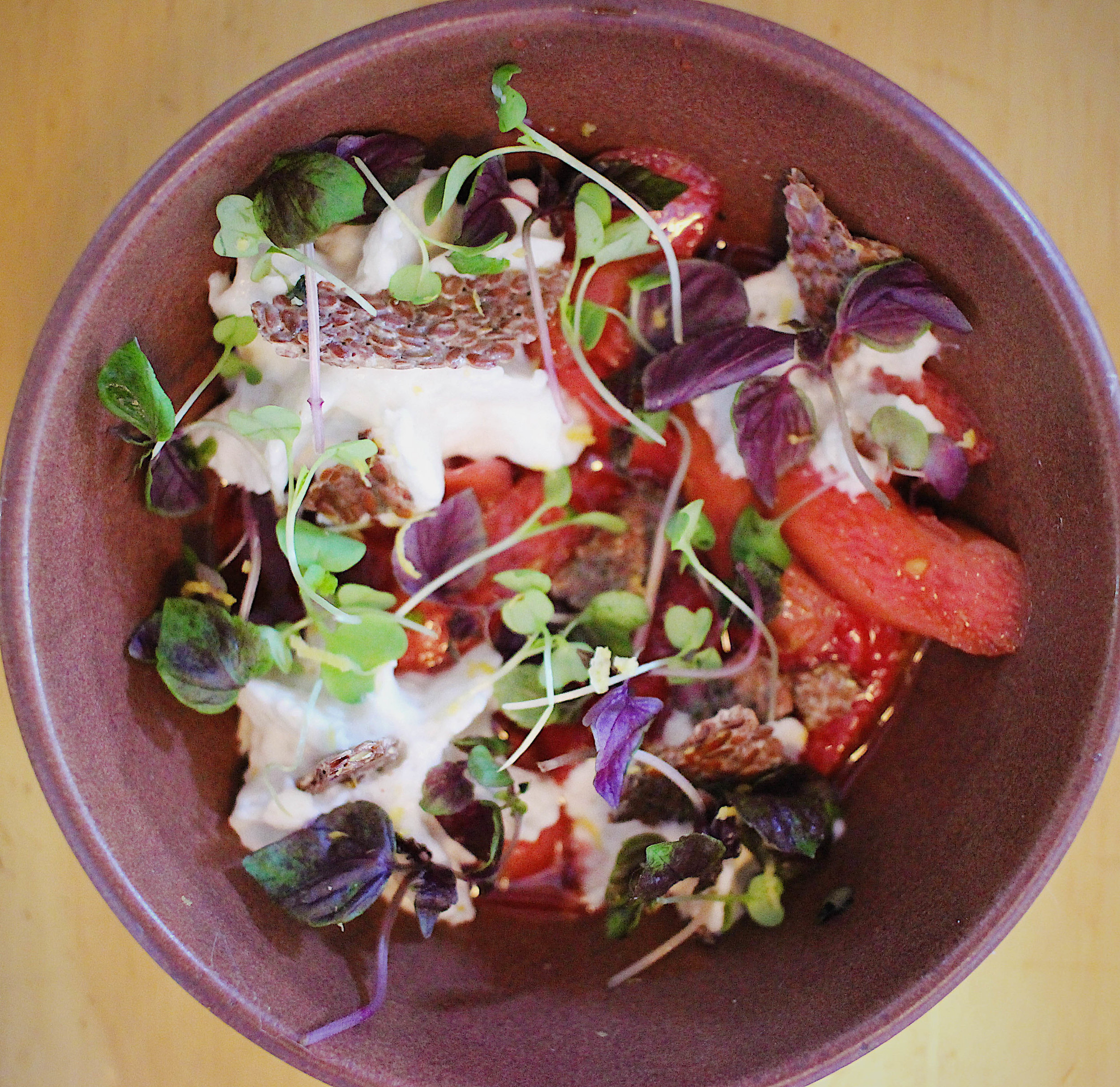 For dessert: stewed rhubarb with fresh coconut cream and flax seed crisps