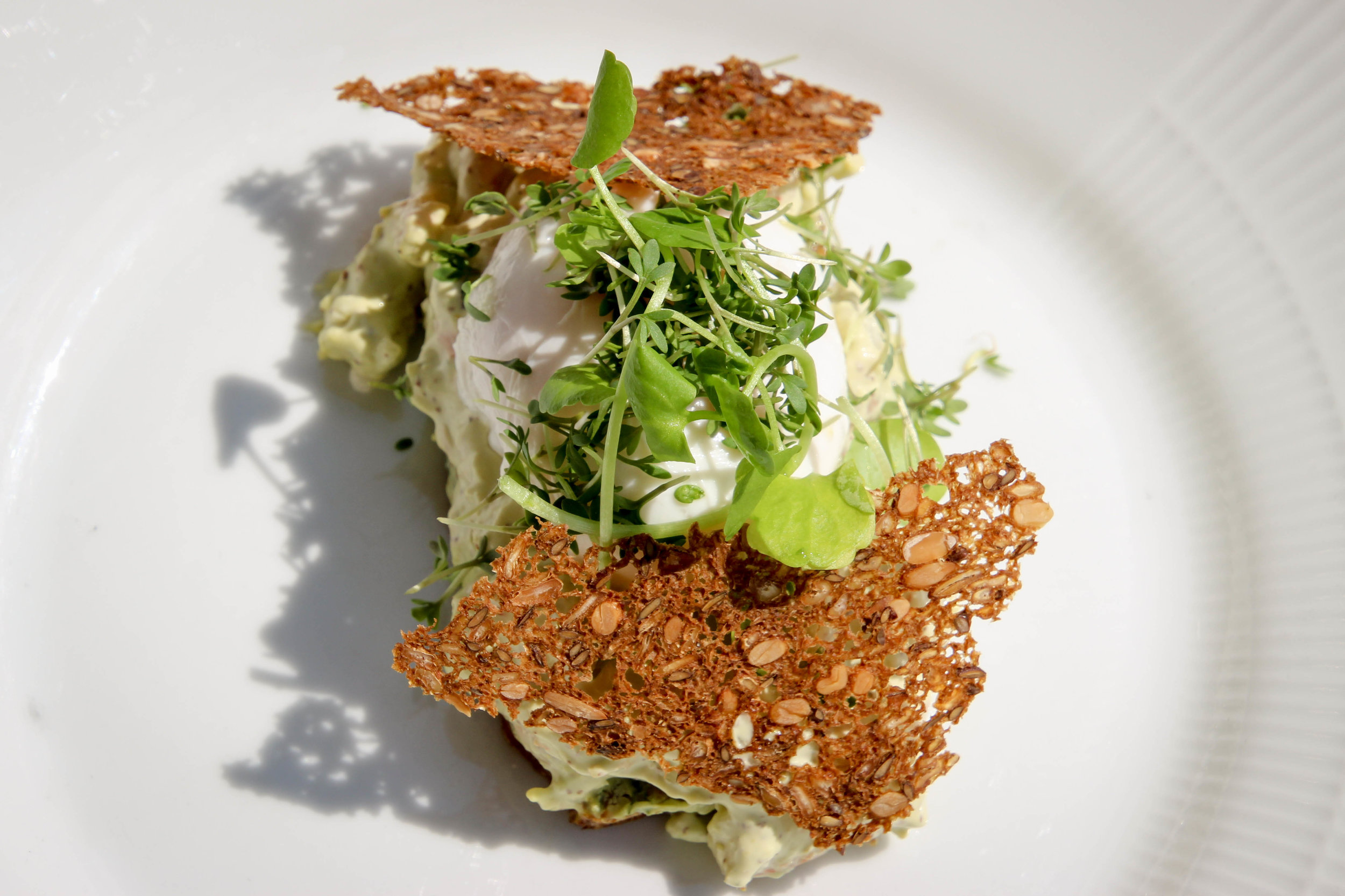 1) Poached egg with shrimp salad, cress, and chips of rye