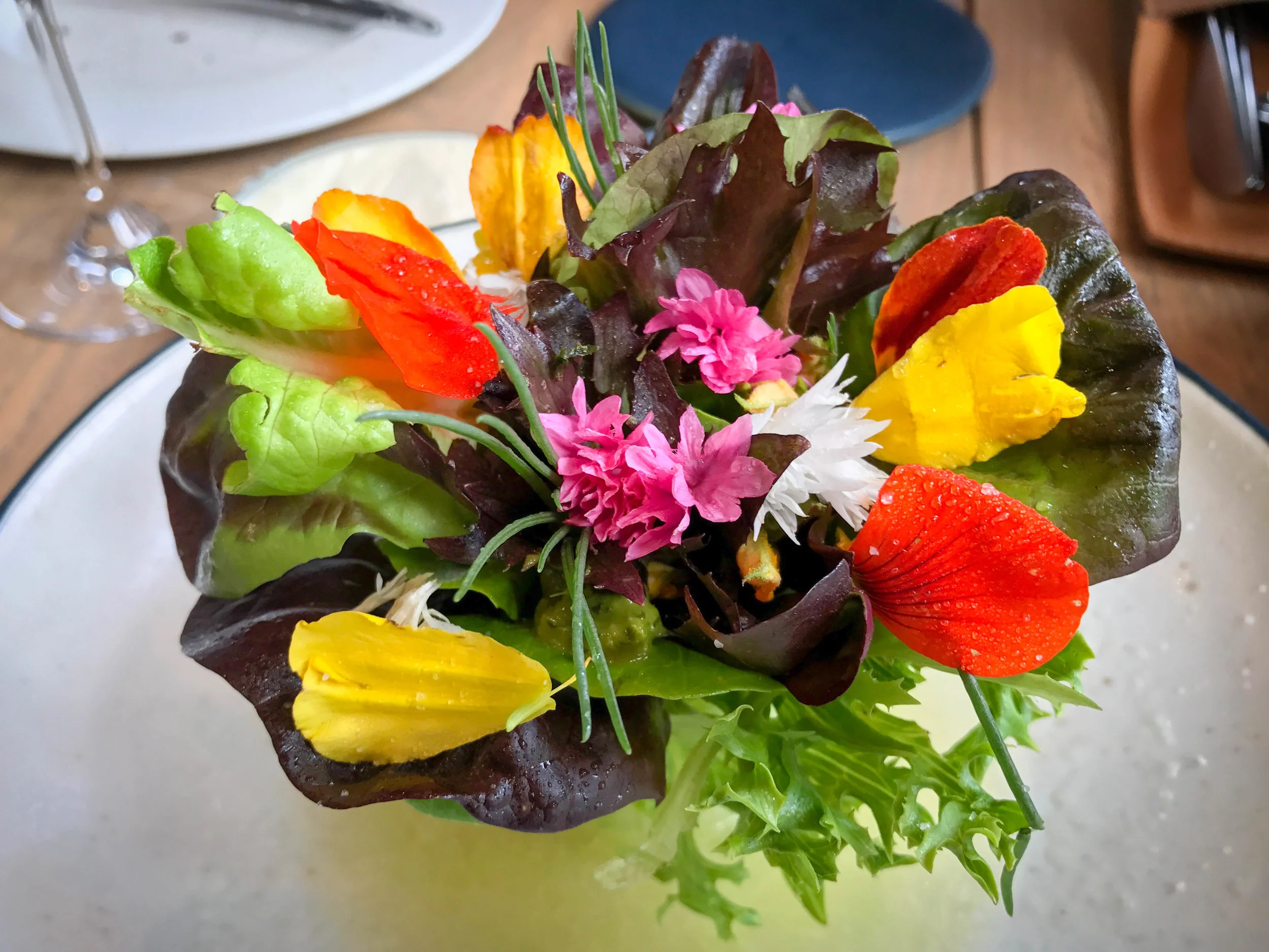 Courgette flowers and summer greens marinated in fresh almond oil.