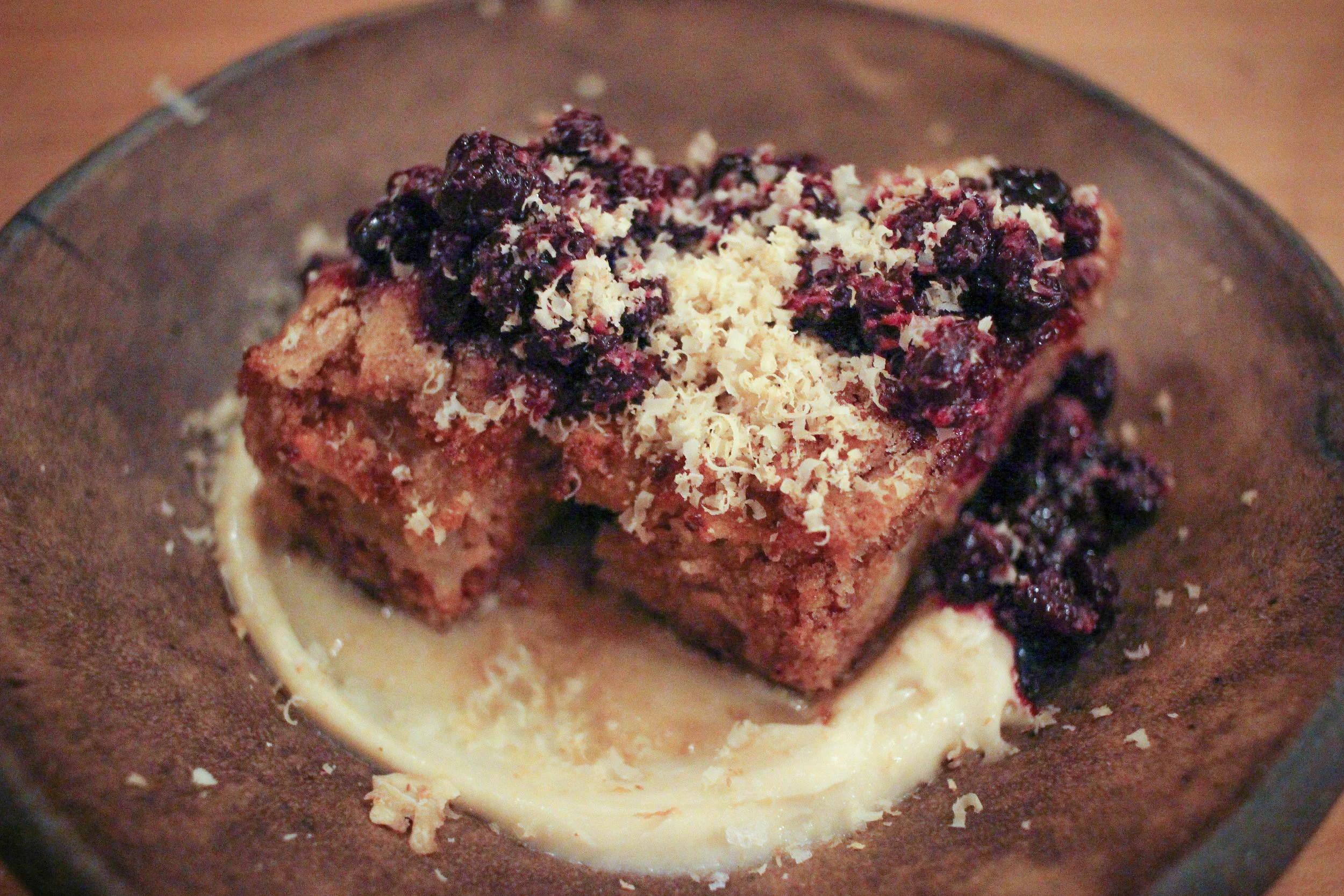 Apple cake with blueberry compote and fresh cream for dessert