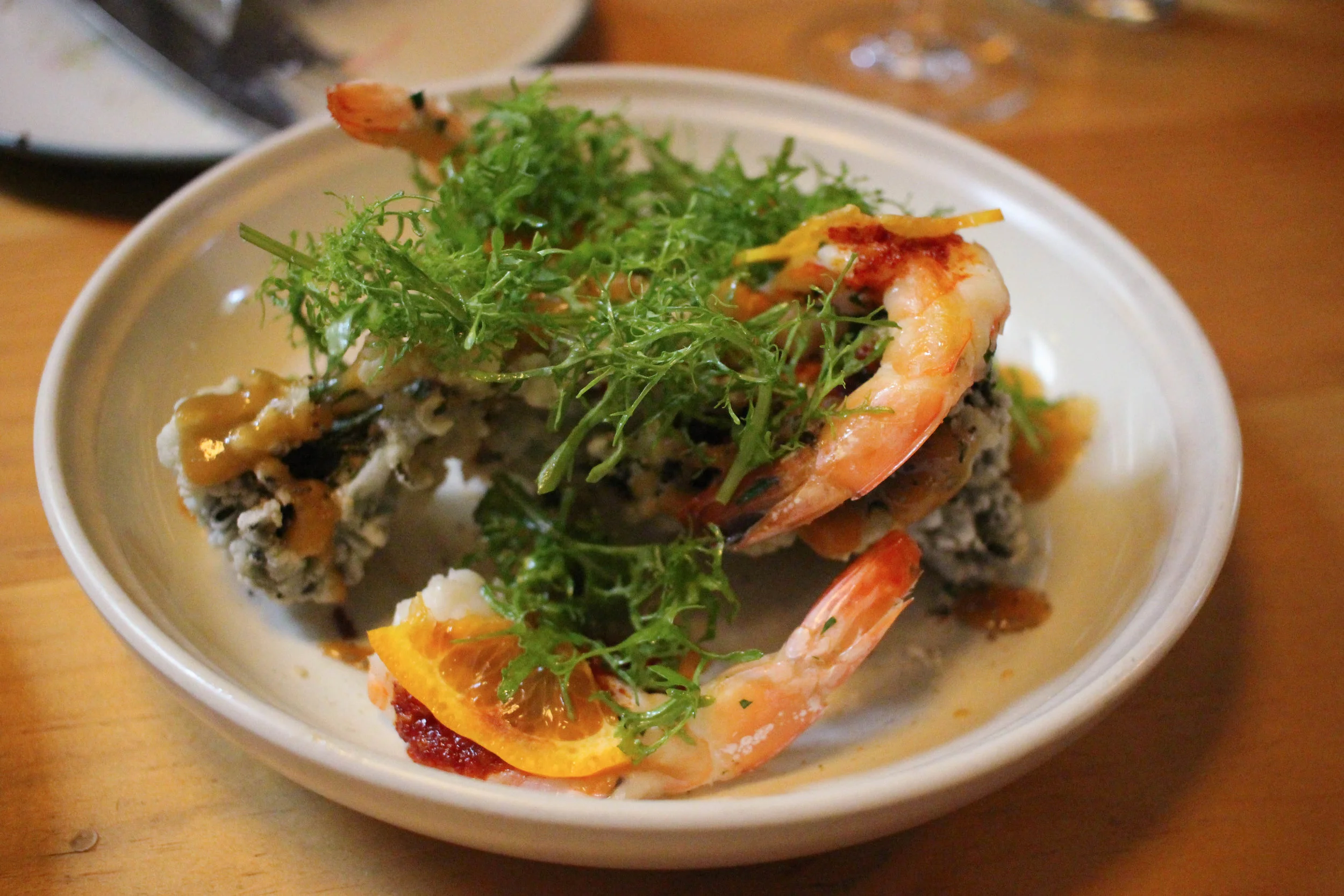 Hopper shrimp, chicken fried broccolini, miso, gold nugget mandarin, everything spice