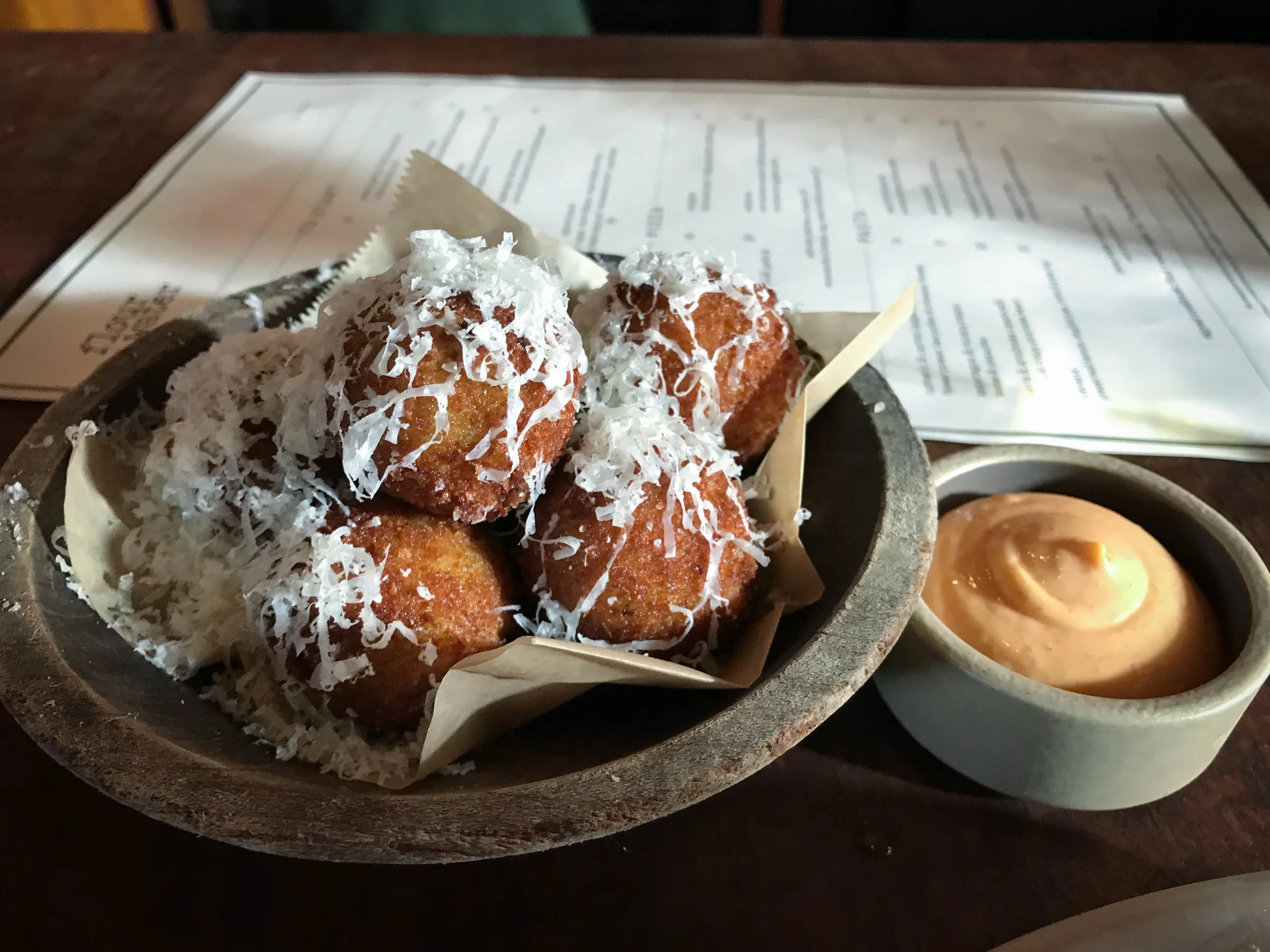 Green garlic and fontina arancini. 