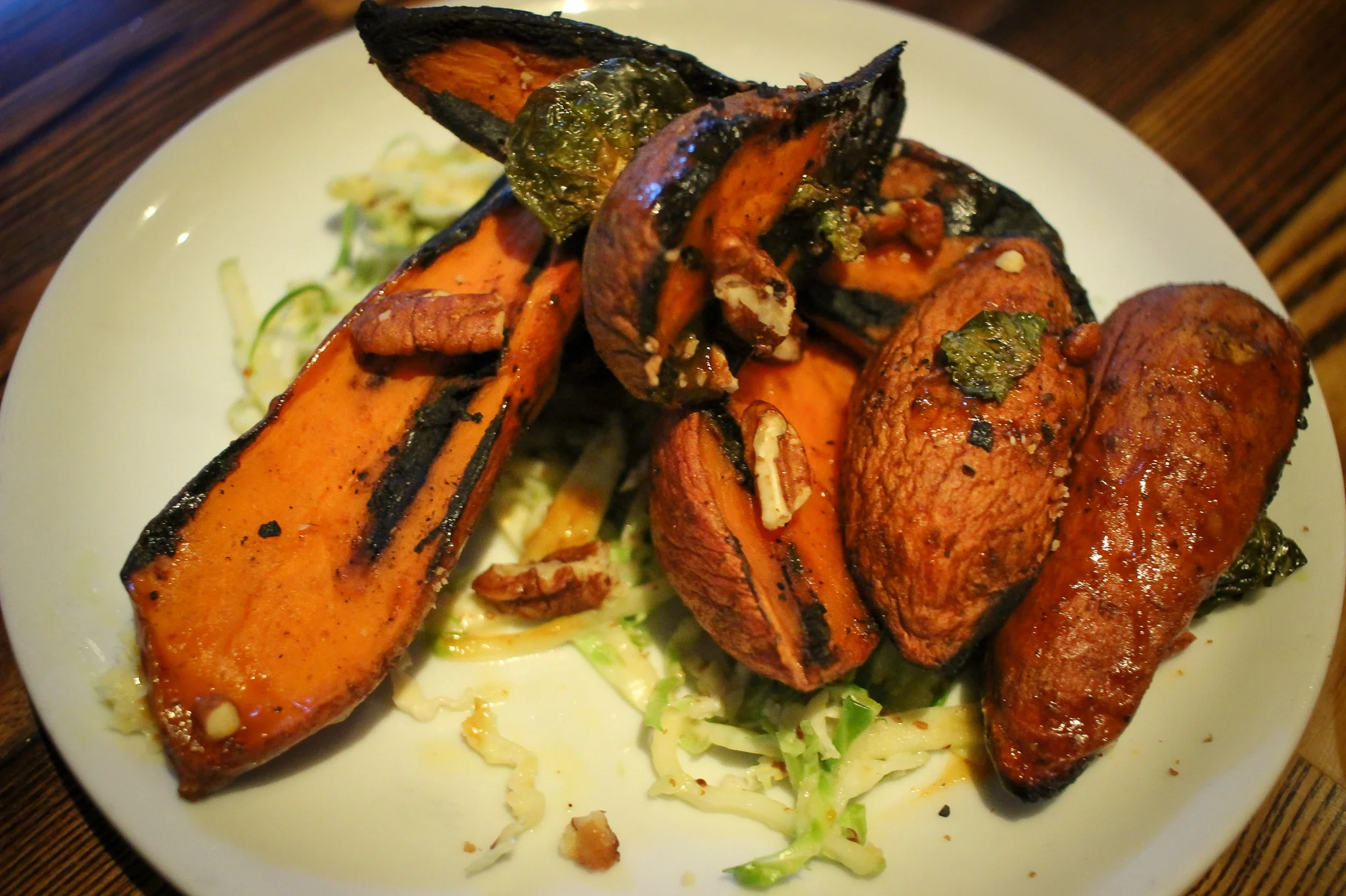 BBQ sweet potatoes with brussels-apple slaw and spiced pecans