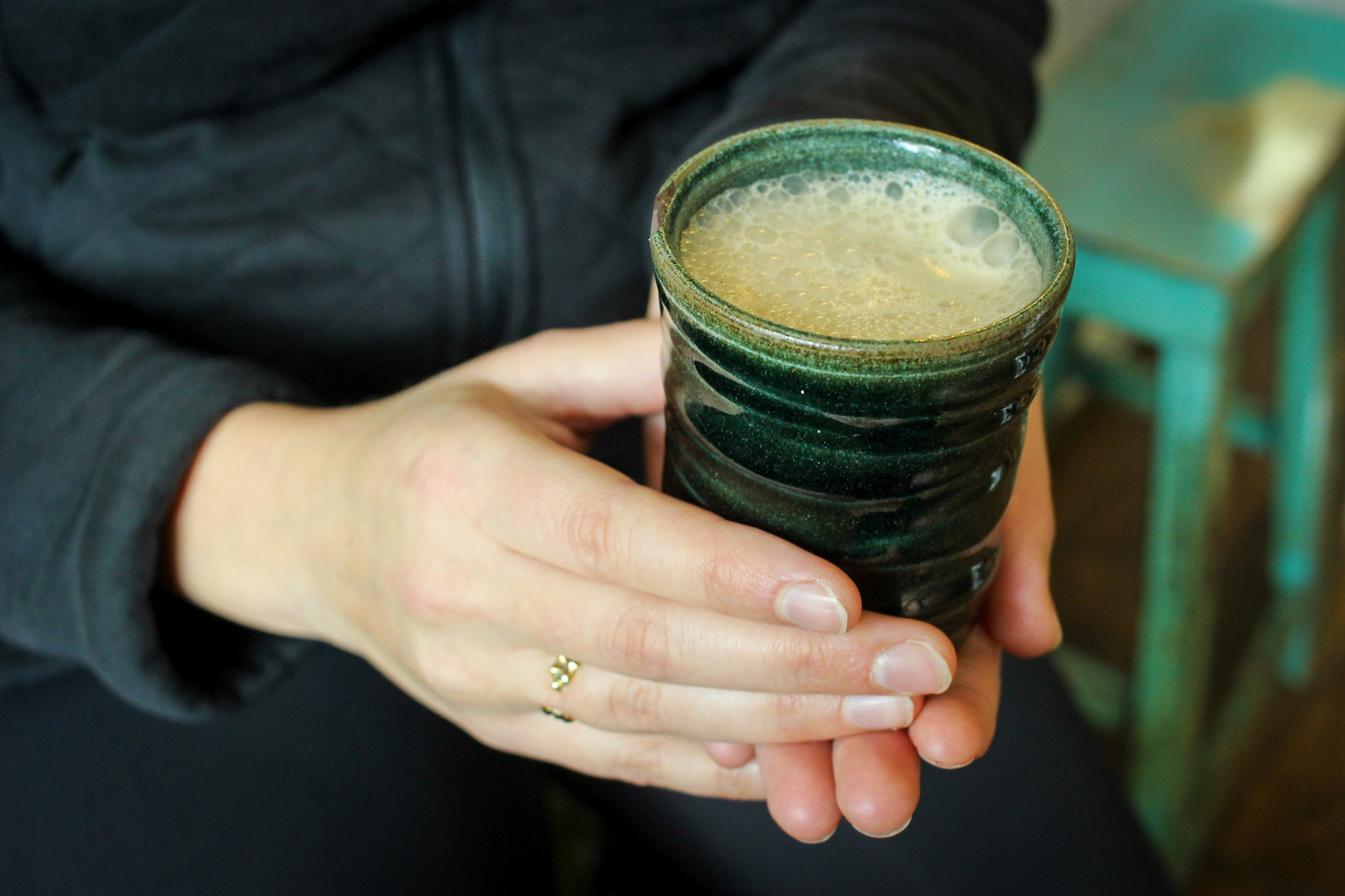Homemade vegan chai: blended ginger, cardamom, cinnamon, nutmeg, black pepper, star anise, and allspice. Brewed with black tea and mixed with homemade nut milk and rapadura cane sugar.