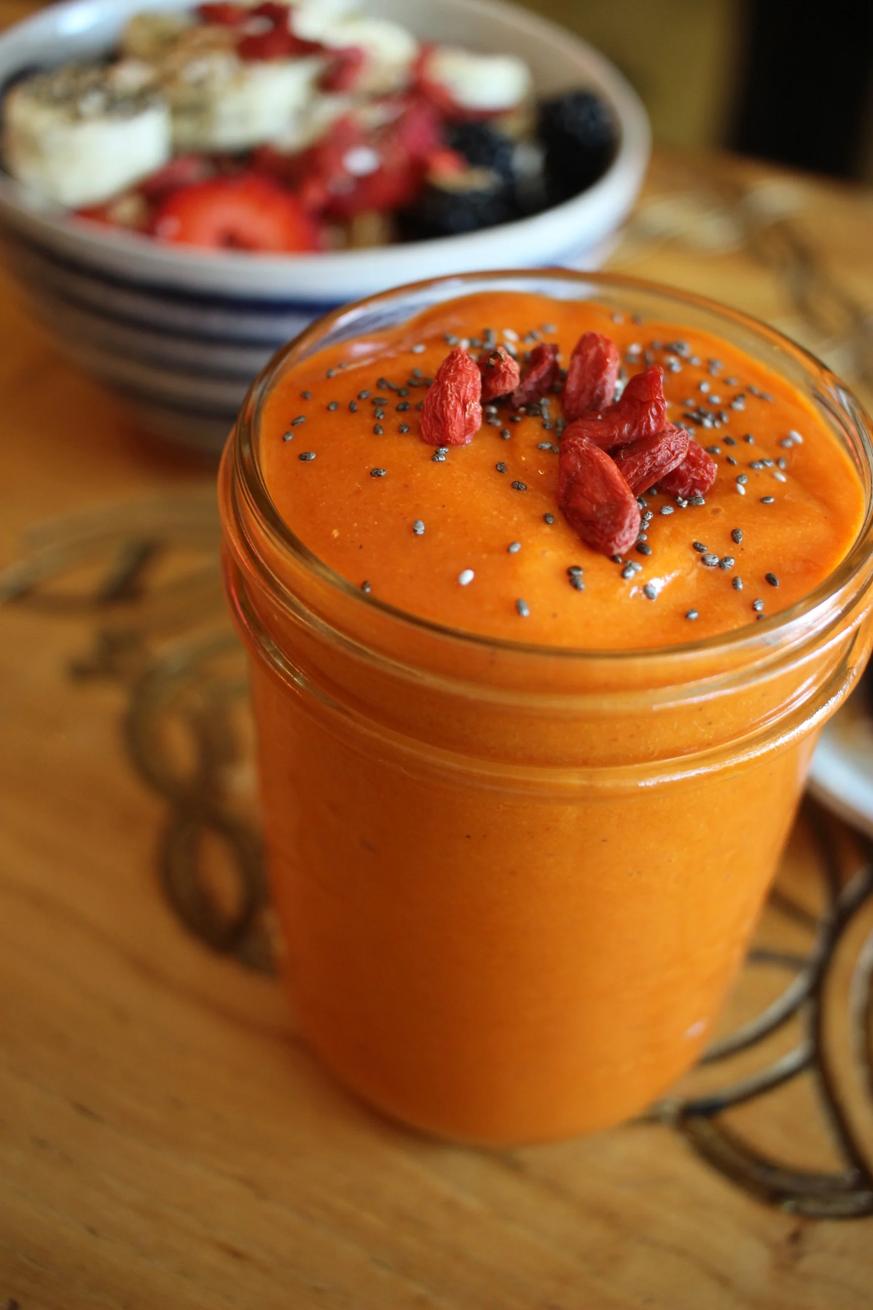 Goji, mango, and turmeric smoothie (great for inflammation and antioxidants): orange, mango, goji berries, ginger, turmeric, carrot juice, coconut oil, black pepper, and chia seeds.
