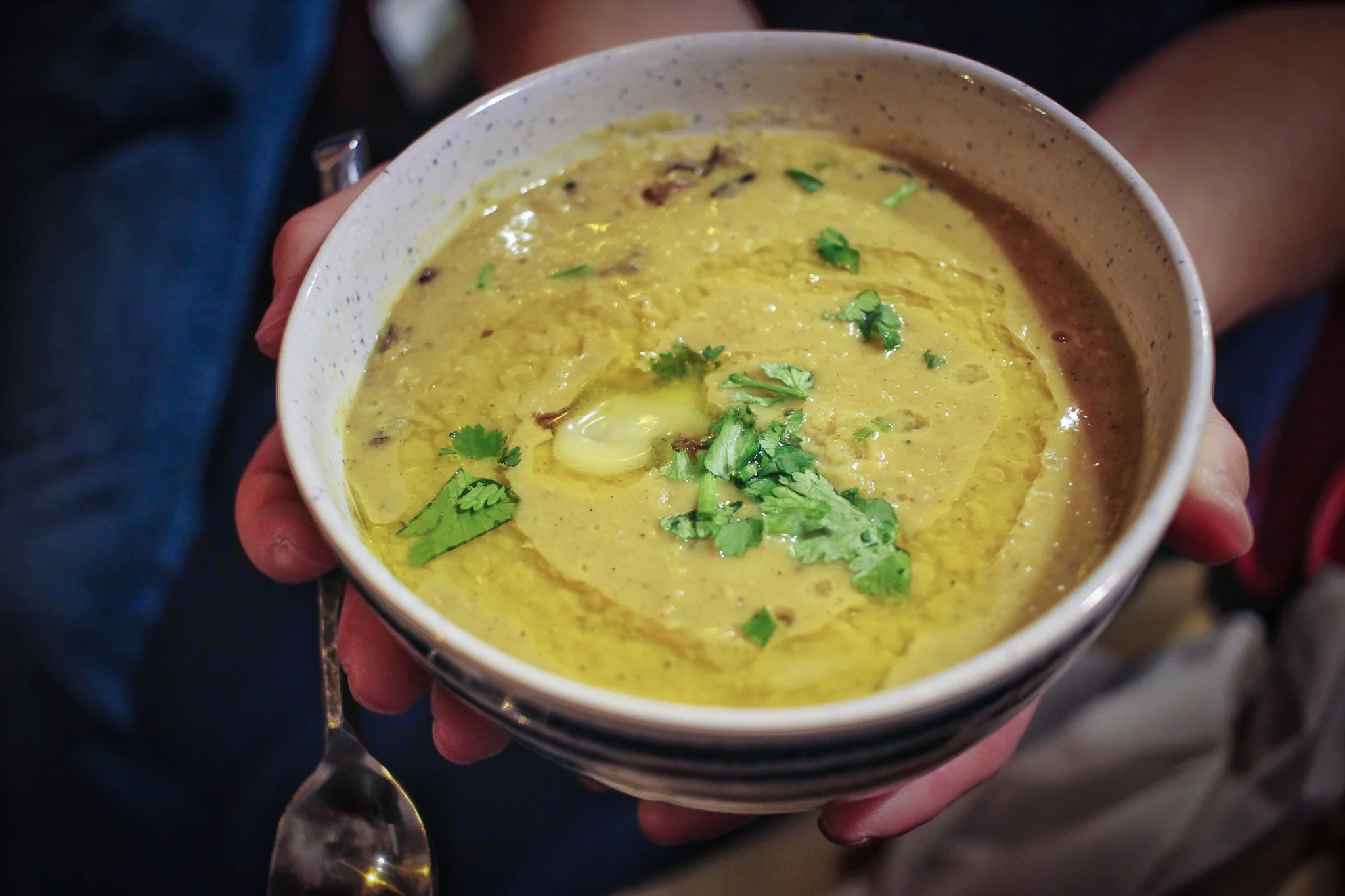 Creamy dal with ghee, cilantro, and raisin chutney.