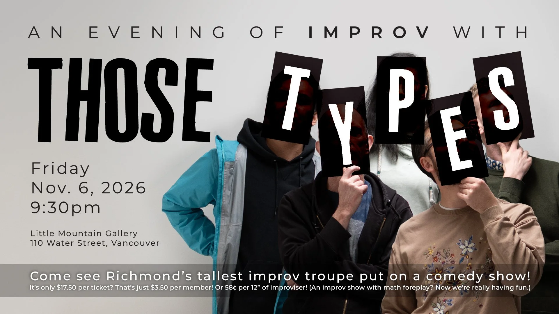 Promotional poster for a comedy improv show titled "An Evening of Improv with Those Types" scheduled for Friday, November 6, 2026, at 9:30 pm at Little Mountain Gallery, Vancouver featuring Brandon, Duke, Rachel, Mark and Rico.