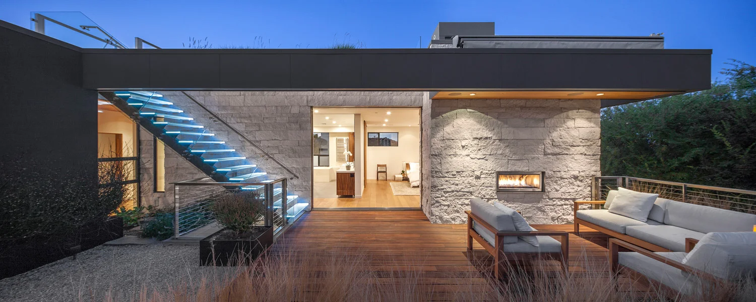 Acacia House modern landscaped roof garden terrace with fire feature and interactive glass staircase installation