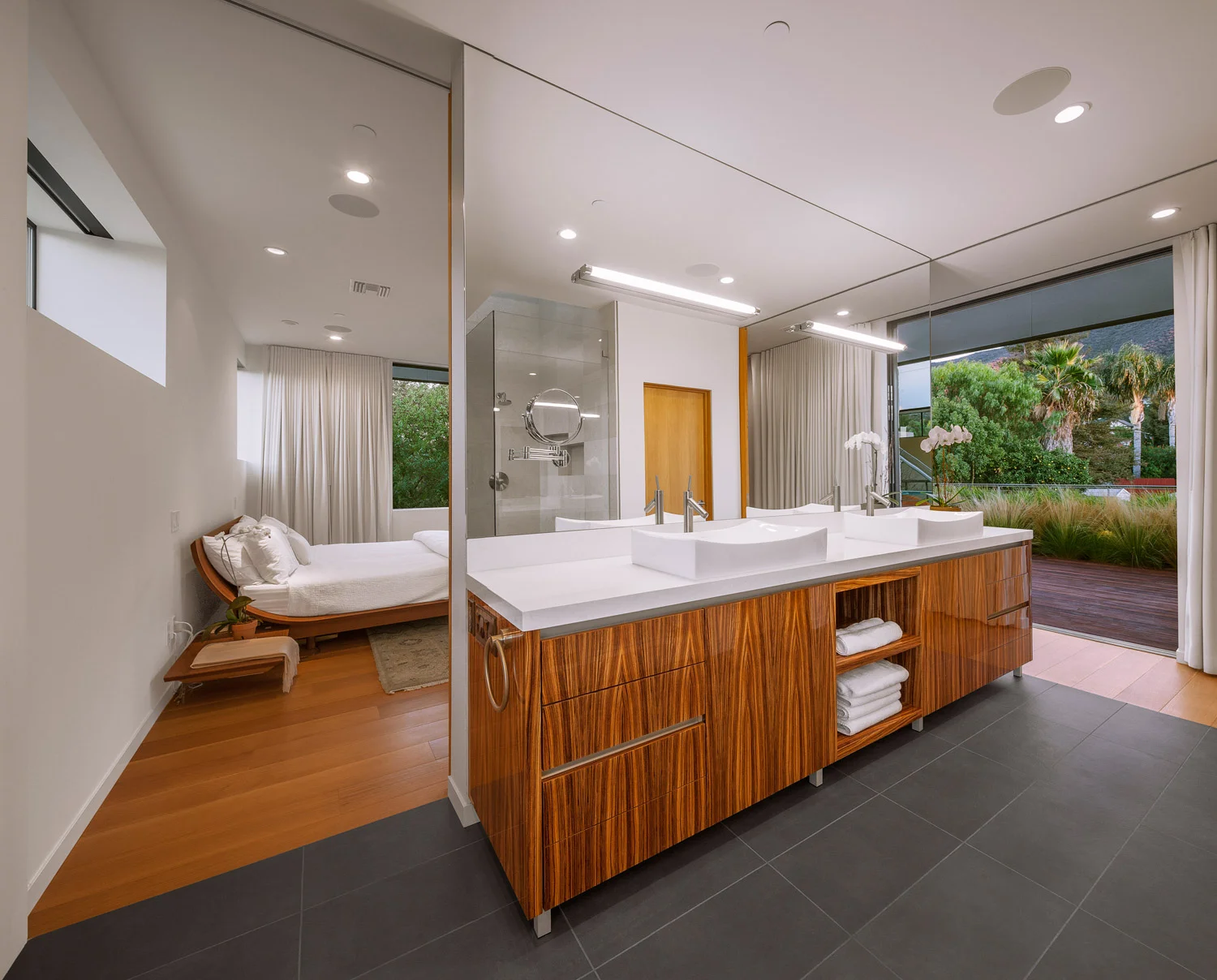 Acacia House indoor outdoor modern bathroom with access to landscaped roof garden