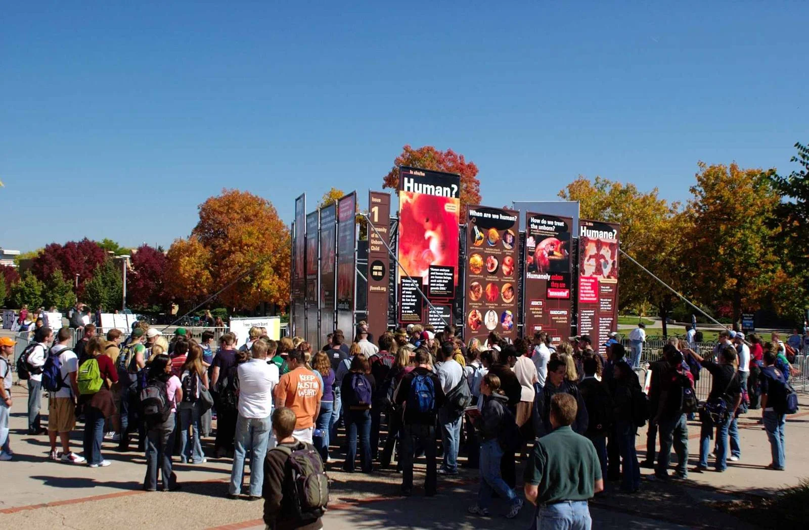 The Justice For All Exhibit draws a crowd and creates many opportunities for conversations for Focus on the Family Institute students and other JFA volunteers at Colorado State University in 2004.