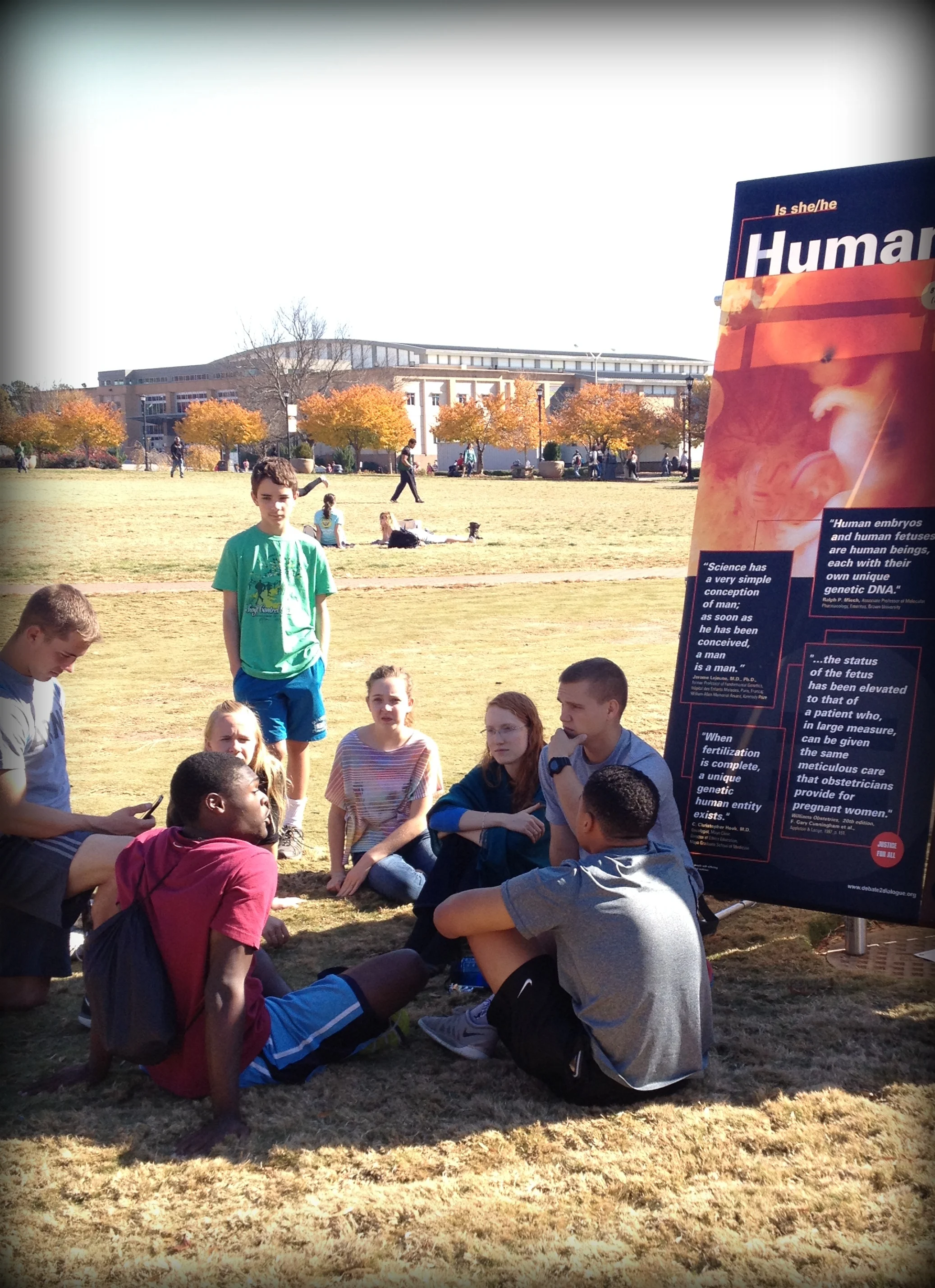 Conversations like this one, at Kennesaw State University (KSU) in November of 2014, are common at Justice For All outreach events. Often, pro-choice students stick around to talk with our staff members and volunteers for an hour or more!