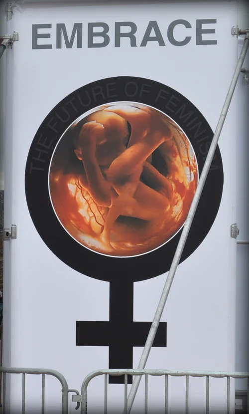 A panel on JFA's new "Stop and Think" Exhibit . The text reads: "Embrace"..."the Future of Feminism."