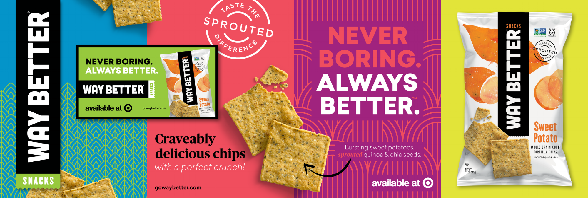 Wallscape installed in downtown Minneapolis skyway to promote Way Better Snacks partnership with Target. 26' x 8' overall with integrated light box. (click to enlarge)