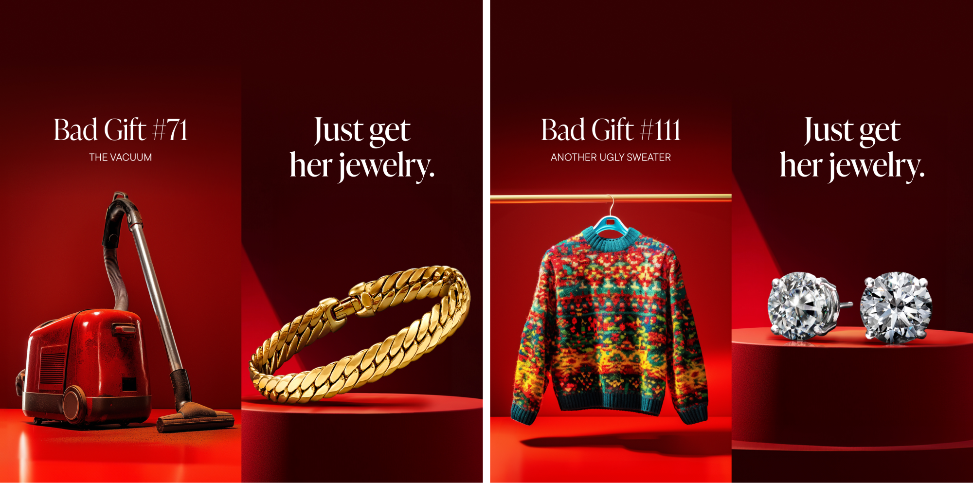  Working alongside my copywriting colleague, the two of us finessed the language we would use, as well as the final choices for the “bad gifts”. Midjourney prompts created the gift assets, and Ross-Simons jewelry was photoshopped in. 