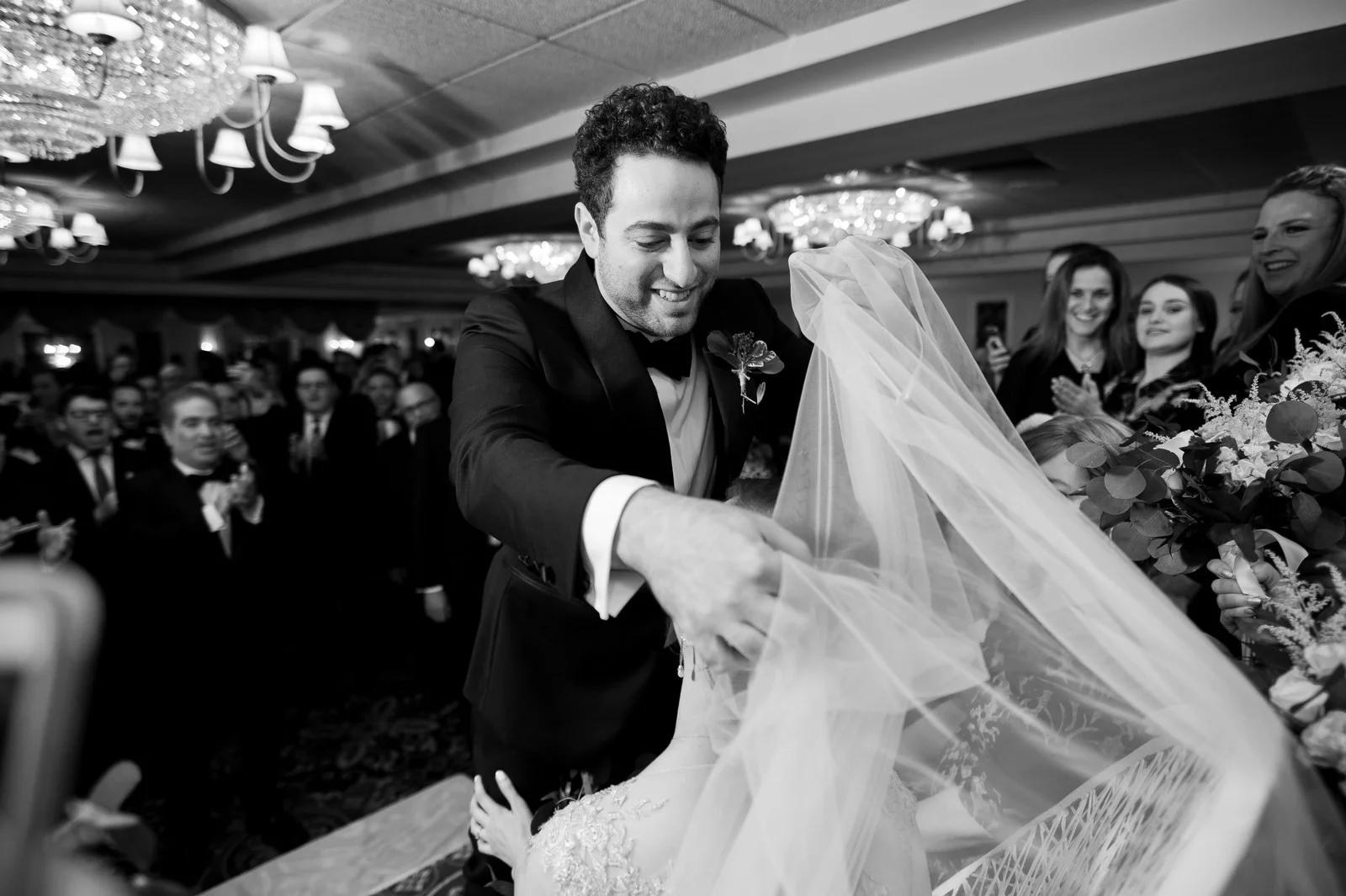 Yoey and Aaron's Memorial Day Modern Jewish Wedding at Anthony's Pier 9, New Windsor, NY Photos by Chaim Schvarcz groom bride badeken