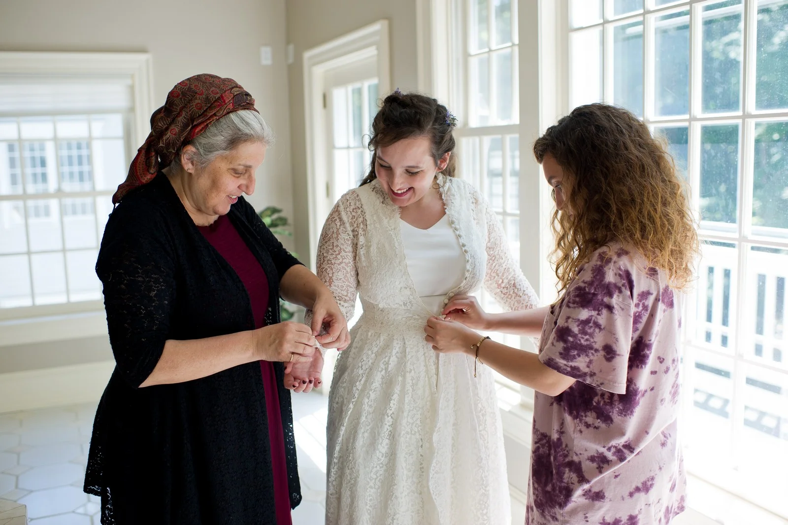 Ma'ayan and Mikey's Traditional Jewish Backyard Wedding in Fairfield, CT Photos by Chaim Schvarcz bride prep gown