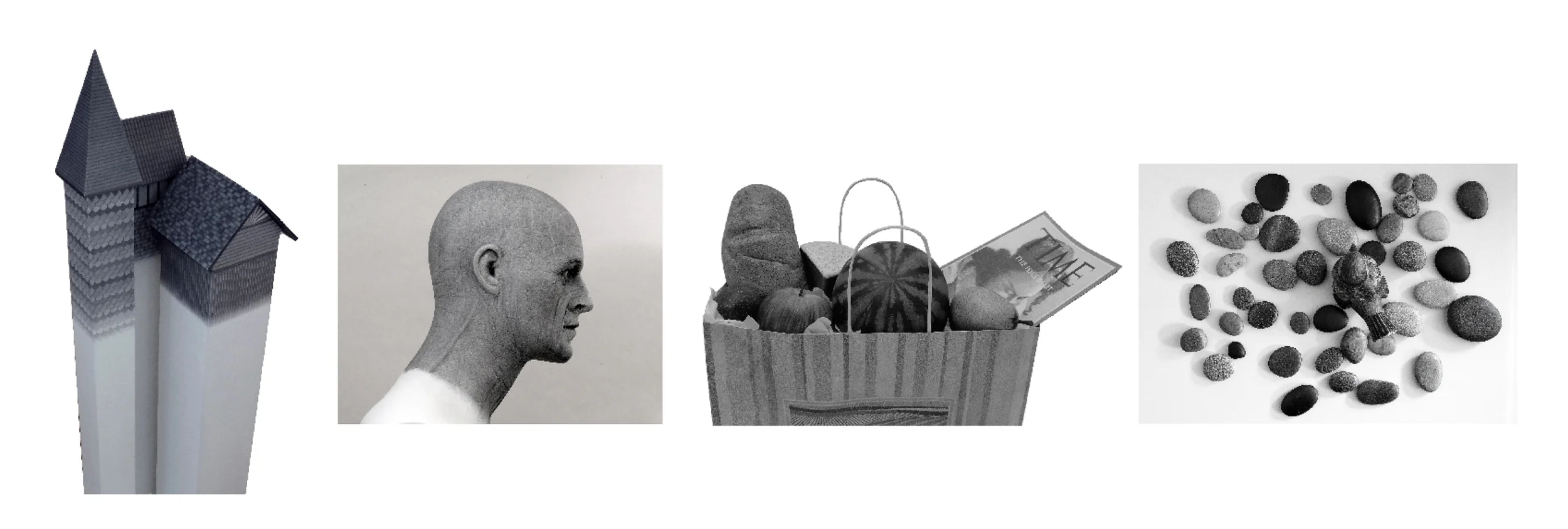 sculptured', graphite on wood24" 24" by 48" drawn to a drawing', details, graphite on white 3D objects, life size