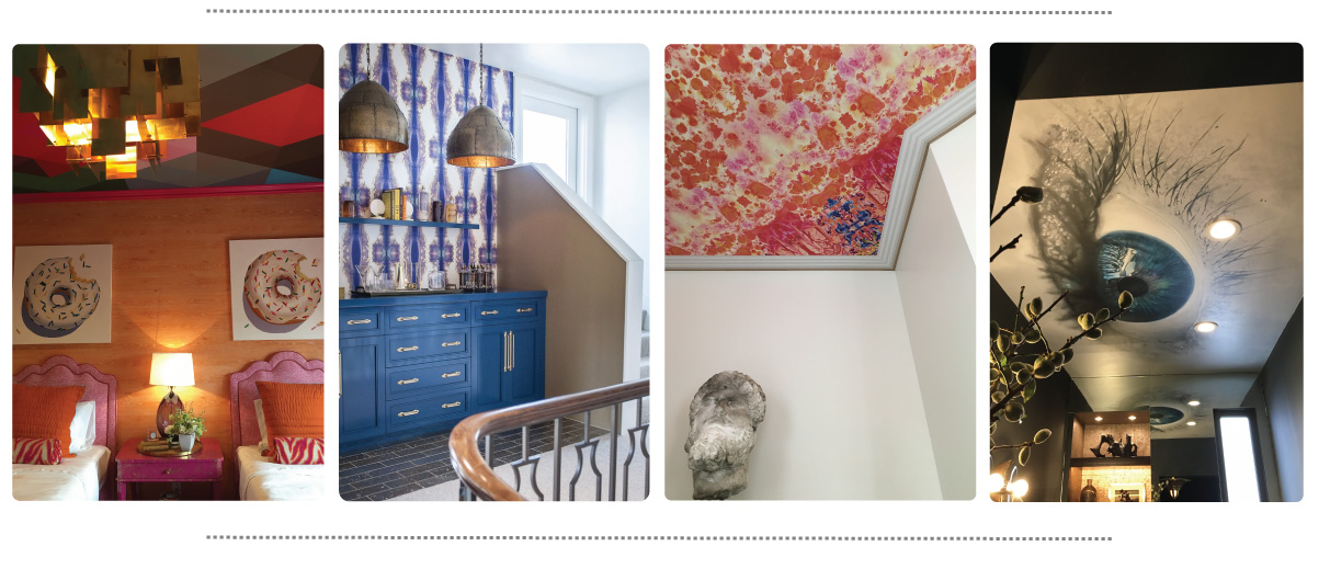 From left to right | Front bedroom designed by Ann Lowengart | Upper level bar designed by Linda Sullivan (image by popsugar) | Upper level study designed by Ian Stallings | Powder room designed by Elizabeth Martin 