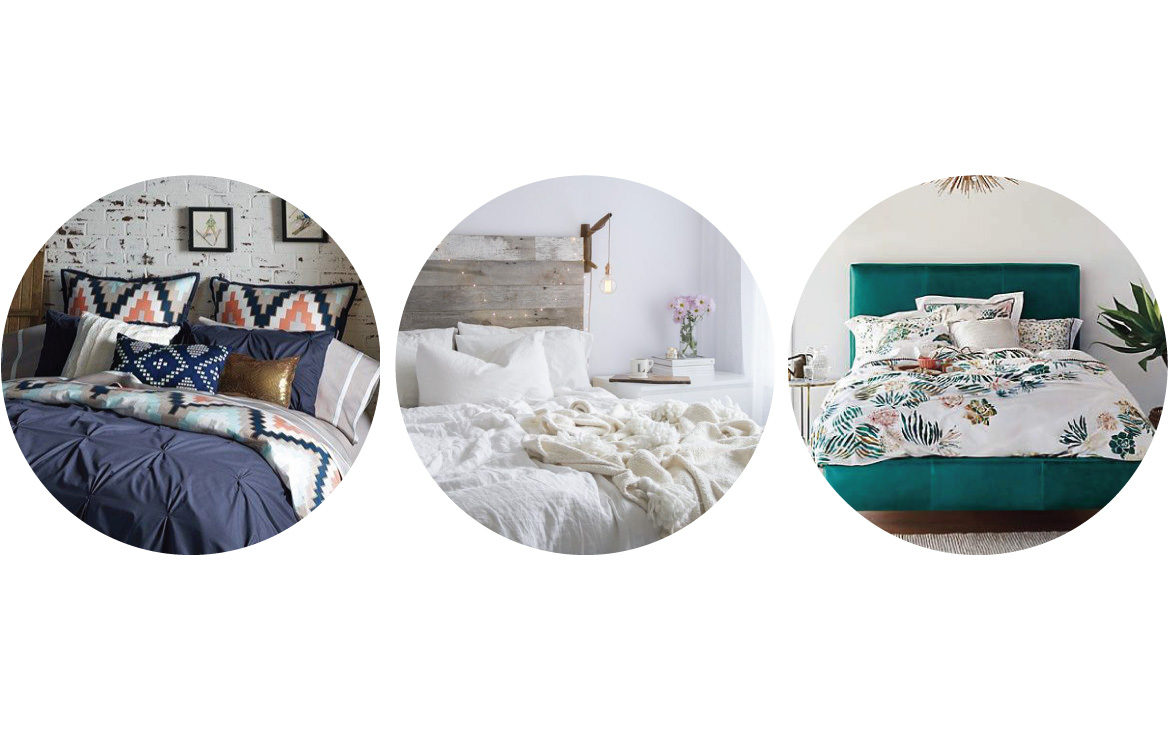 From left to right | Navy bedding with geometric throw pillows image from my luxe finds | White on white bedding image from l indsay marcella | Teal palm print bedding image from a nthropologie |